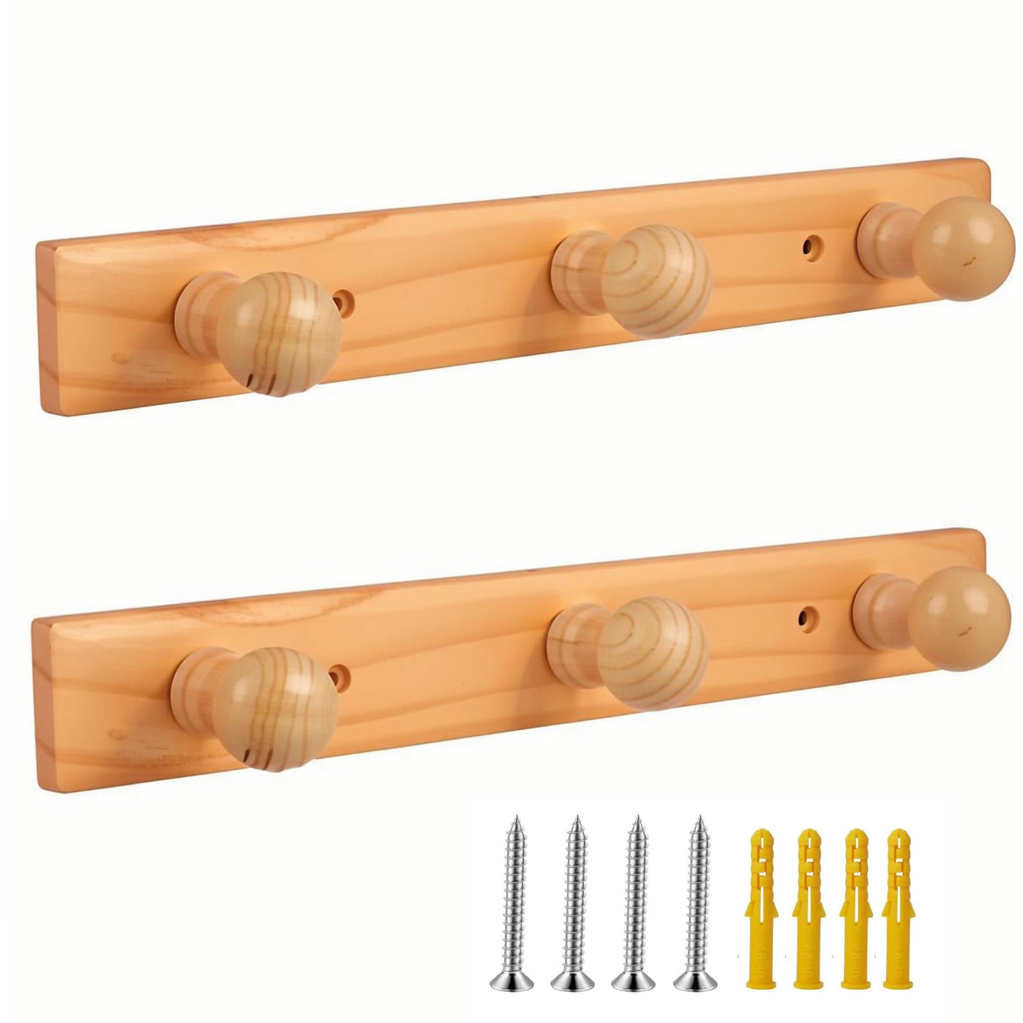 DBlosp Wall Mounted Coat Rack, Wooden 13.85'' Hole to Hole,Bamboo Wall Hook for with 3 Hooks(2-Pack), Modern, Space-Saving Storage Organizer, Natural
