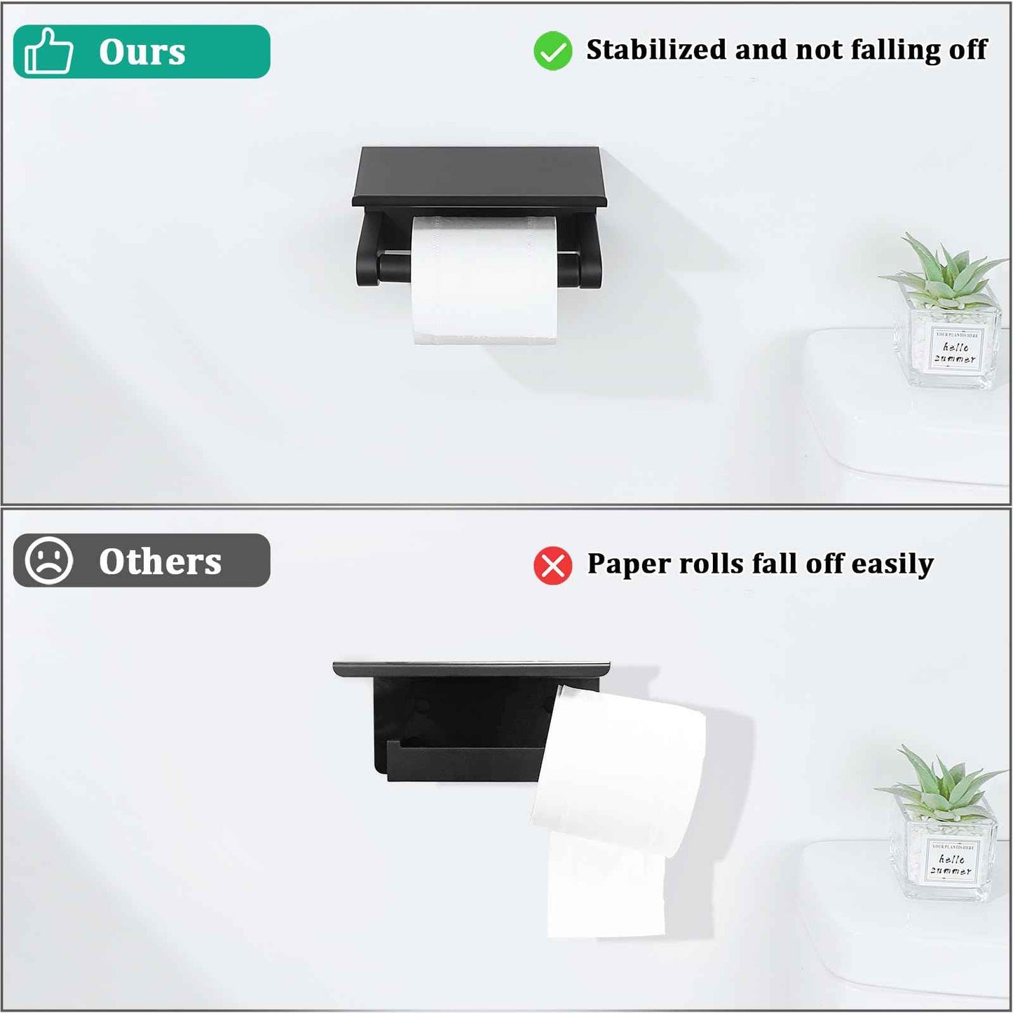 Alise Black Toilet Paper Holder,Bathroom Adhesive Toilet Paper Holder SUS304 Stainless Steel Toilet Paper Roll Holder with Shelf Spring Loaded Tissue Holder Wall Mount(Adhesive or Screw)