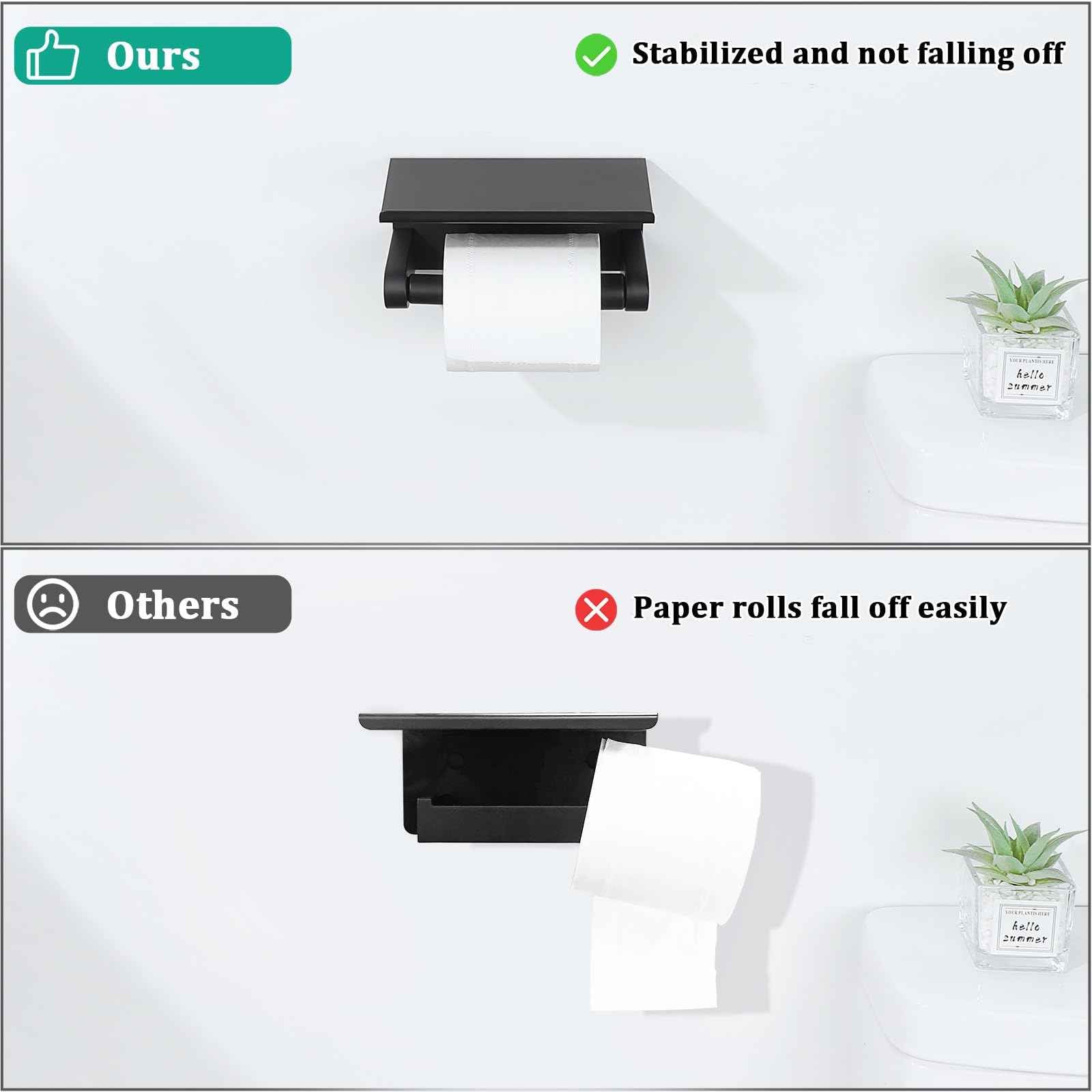 Alise Black Toilet Paper Holder,Bathroom Adhesive Toilet Paper Holder SUS304 Stainless Steel Toilet Paper Roll Holder with Shelf Spring Loaded Tissue Holder Wall Mount(Adhesive or Screw)