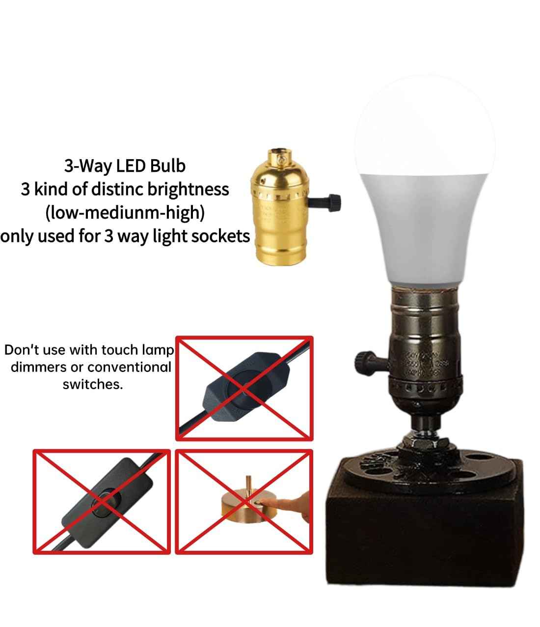 GODUORA 6 Pack 3-Way LED Light Bulb 50W/100W/150W Equivalent, 3000K Soft White, 3-Level Dimmable (Low/Medium/High), E26 Base, A19 15W Energy Saving Bulbs, Flicker-Free, for Table Lamps Floor Lamps