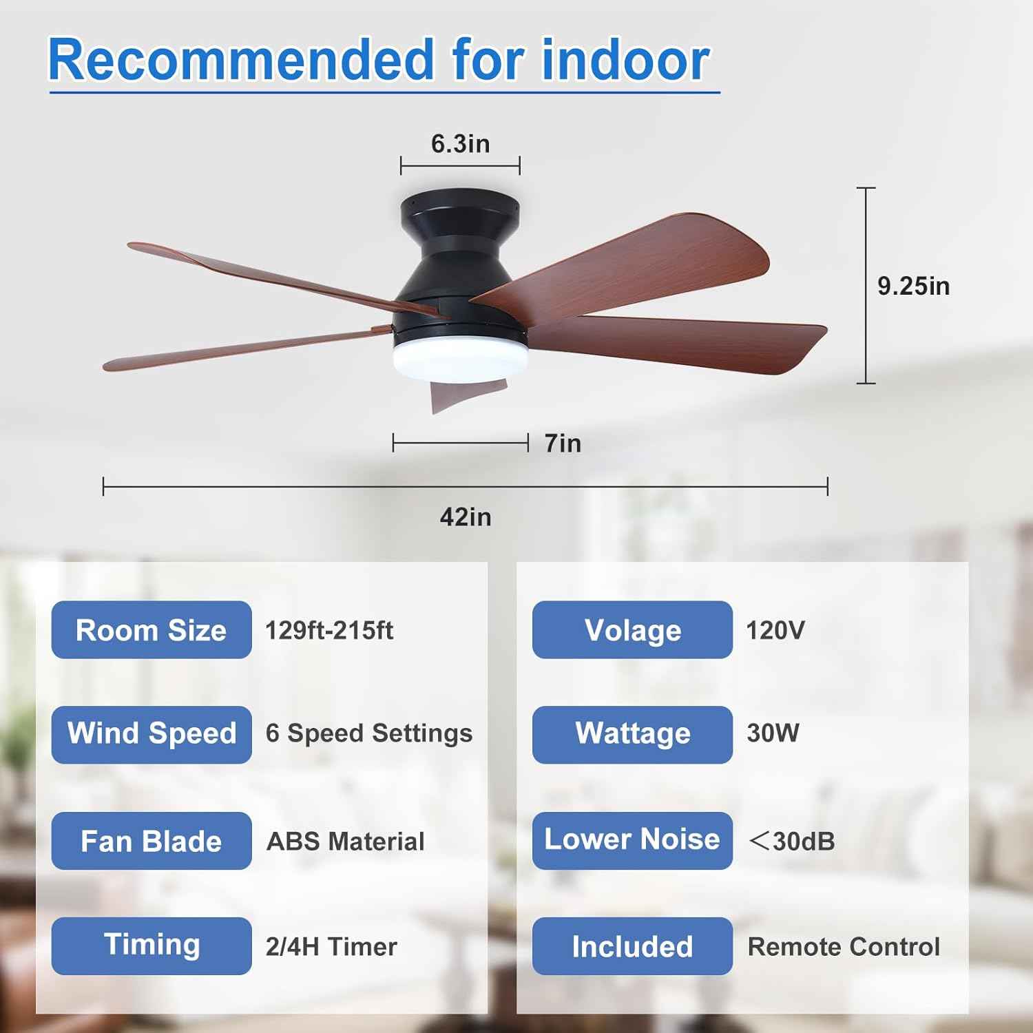 42-Inch Modern Black Ceiling Fan with Light & Remote - Dimmable Low Profile, 5 Reversible Walnut Blades, 6 Speeds for Indoor/Outdoor Use