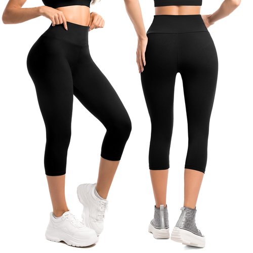 Leafigure 2-Pack Capri Leggings for Women, High Waisted Soft Yoga Pants for Gym Workout Black/Brown L-XL