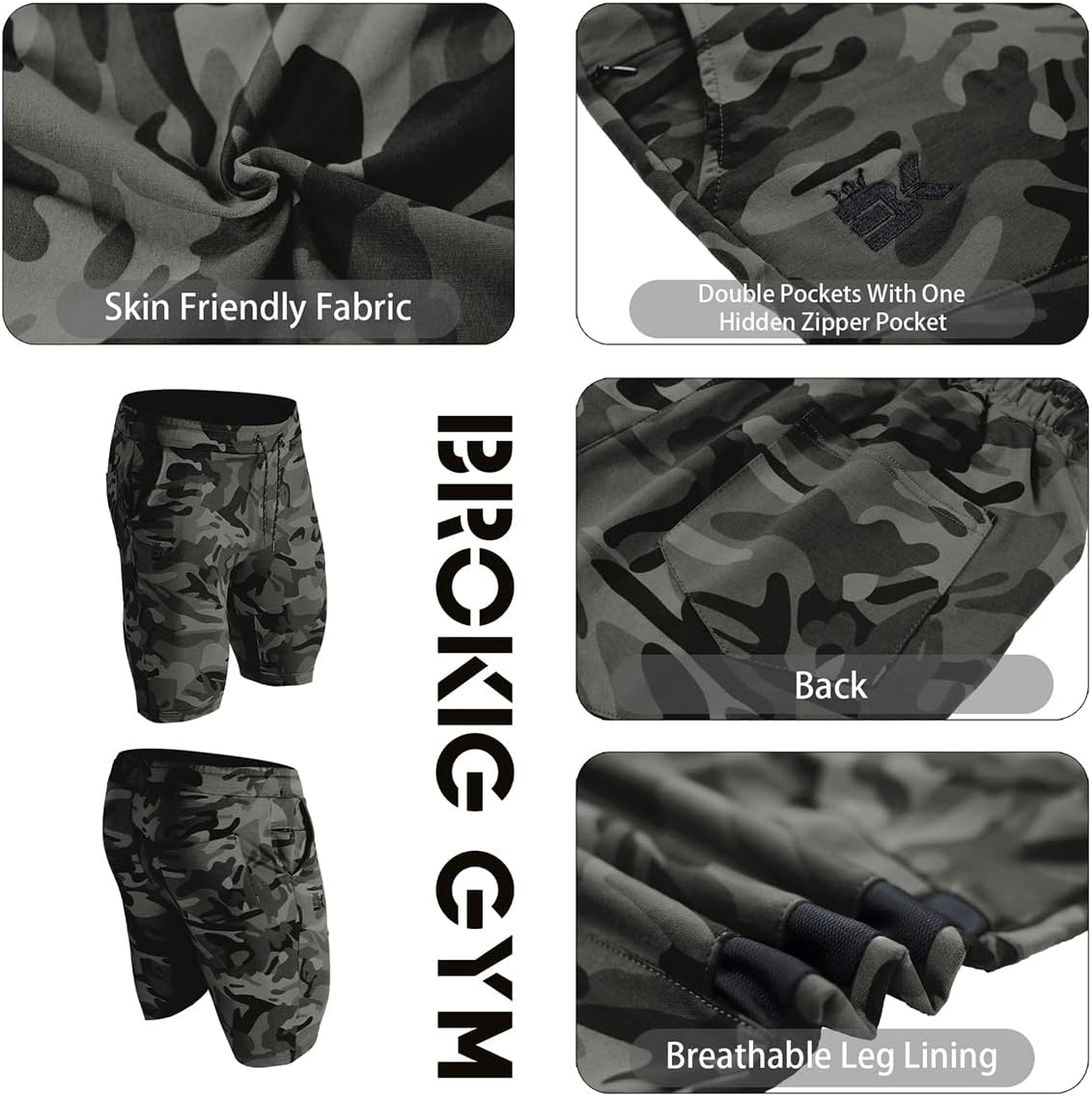 BROKIG Men's Gym Workout Shorts - Slim Fit Athletic Running Shorts with Zipper Pockets