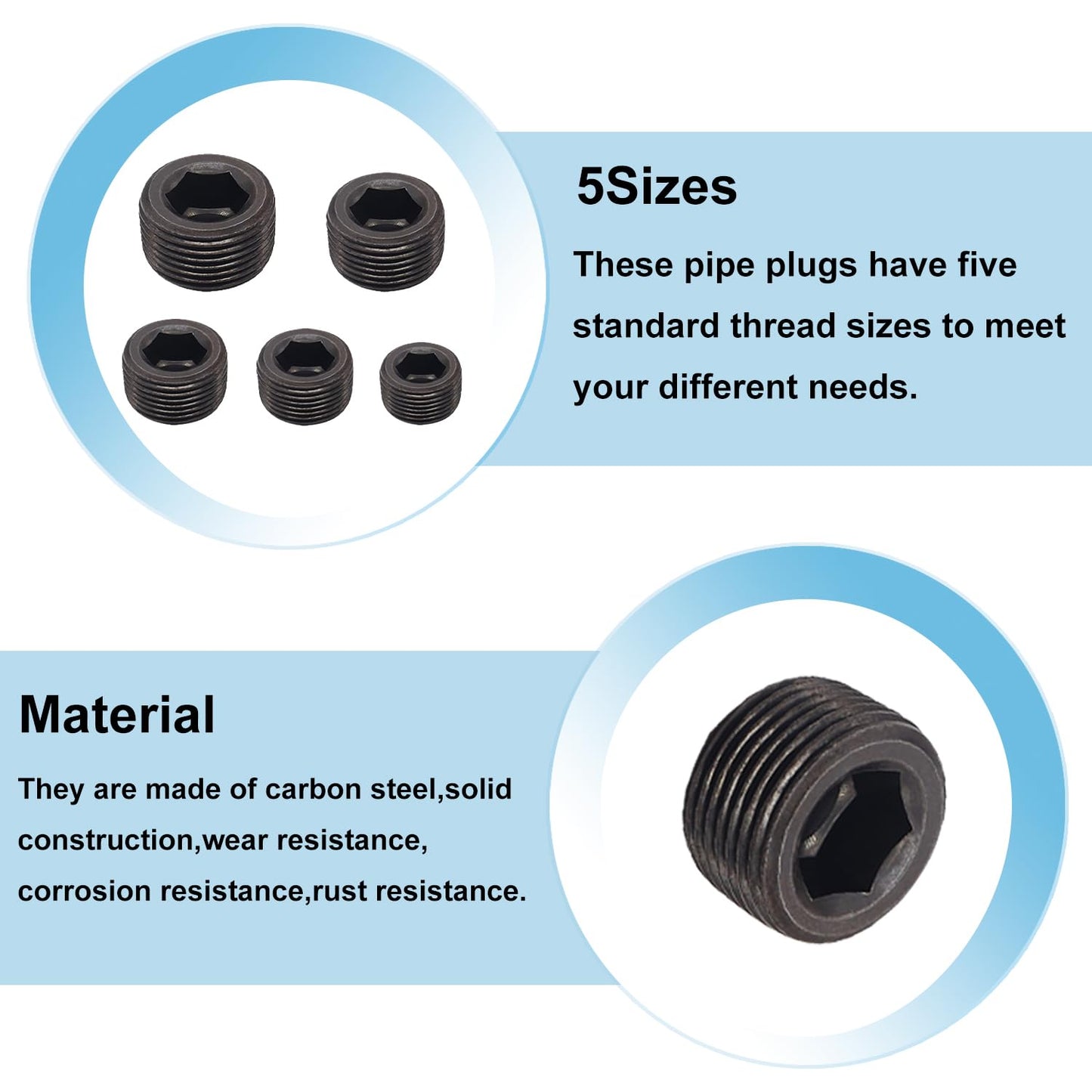 Hmknana 26PCS Black Pipe Plug Fitting Assortment Kit, Carbon Steel 5 Sizes 1/8" 1/4" 3/8" 1/2" 3/4" NPT Internal Hex Thread Socket for Sealing Port