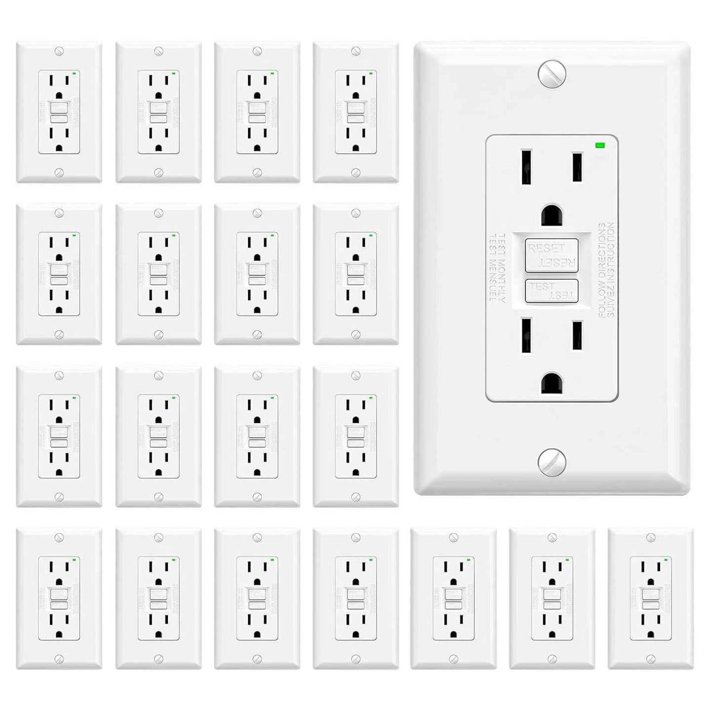 GFCI Outlet 15 Amp - Self-Test Electrical Receptacle with LED Indicator, 10 Pack