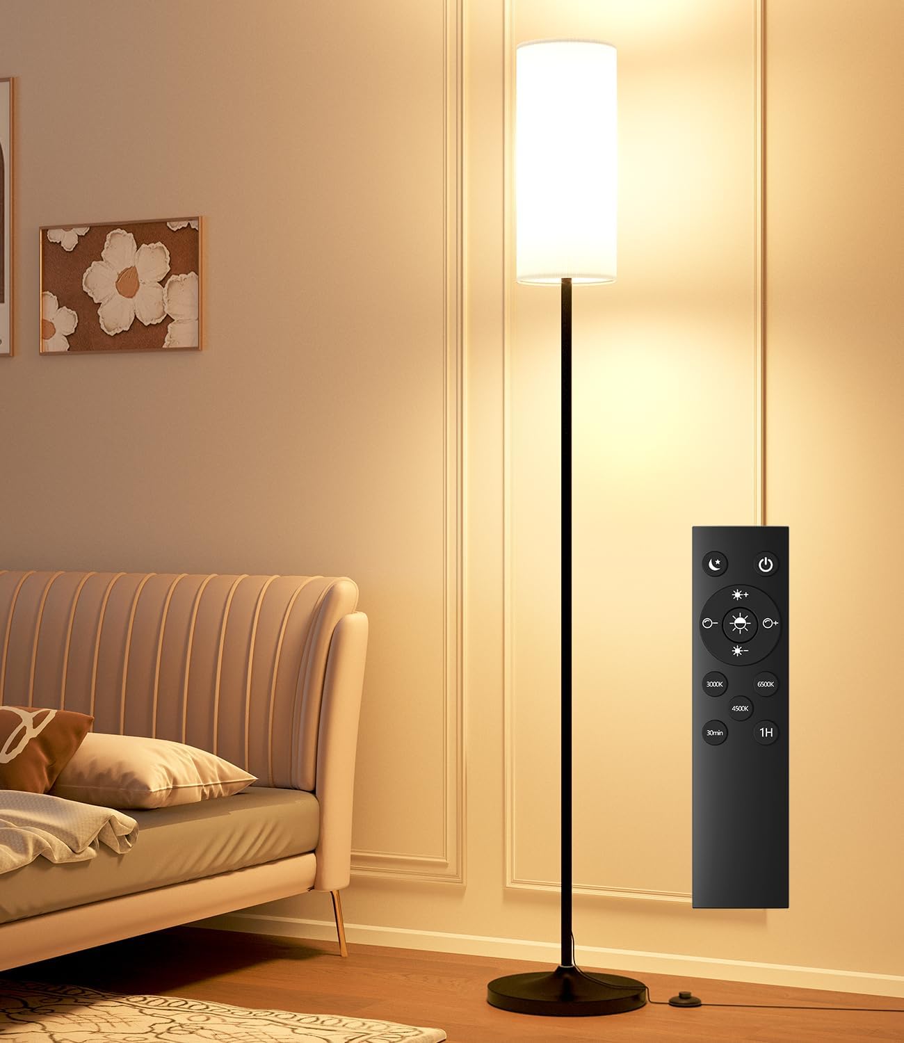 LED Floor Lamp with Remote & Dimmable Feature - Modern Gold Standing Lamp for Living Room & Bedroom