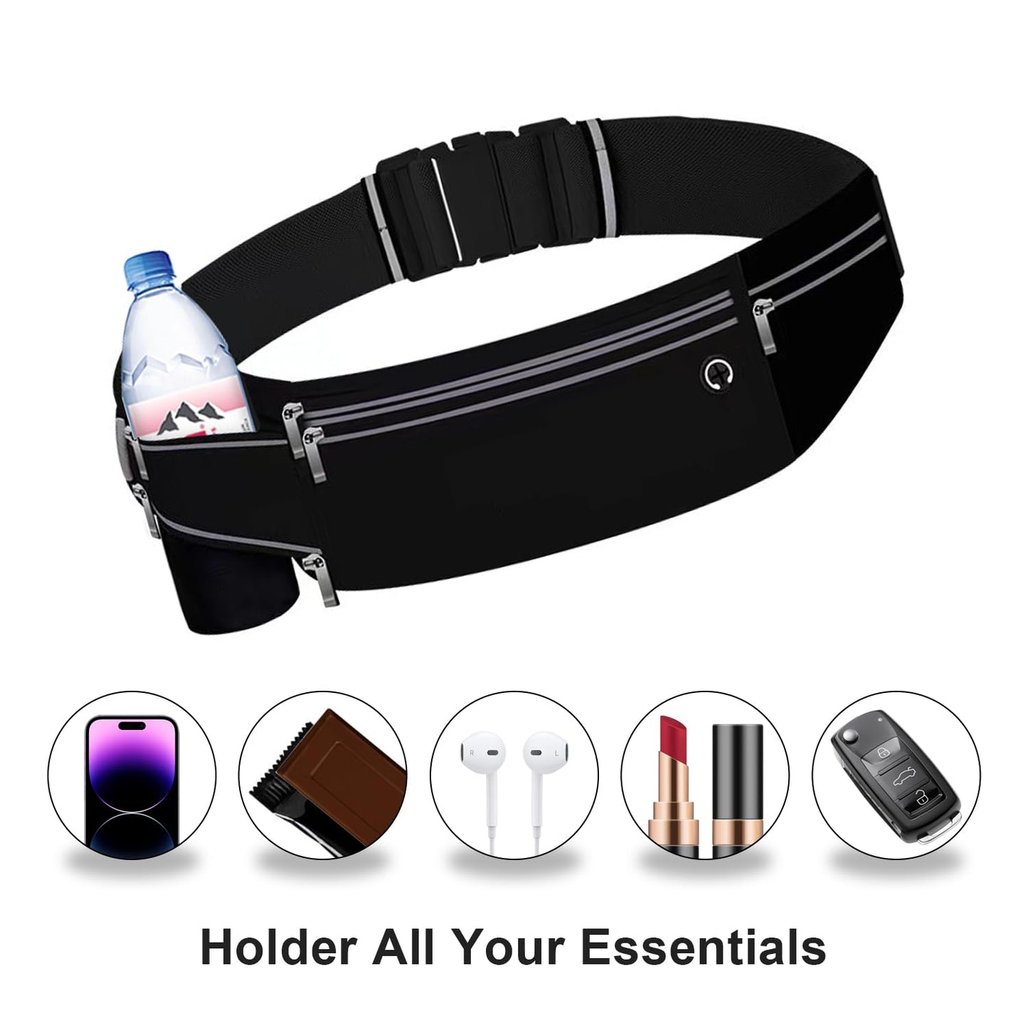 JUCURRI Slim Running Belt for Women Men,Runners Fanny Pack Phone Holder,Money Belt,Running Gear Accessories,with 3 Pockets (Jet Black)