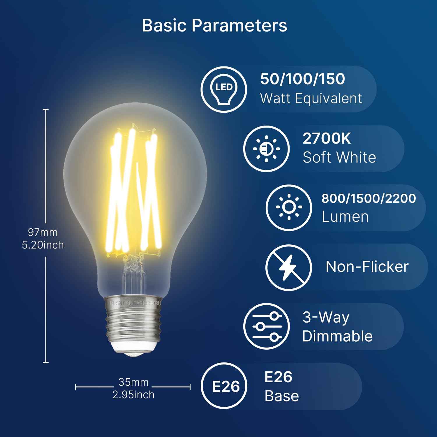 FLSNT 3 Way LED Light Bulb E26 Standard Base, 50W 100W 150W Equivalent, 3-Way Dimmable A23 LED Clear Light Bulbs, 2700K Soft White,800lm-1500lm-2200lm 2 Pack