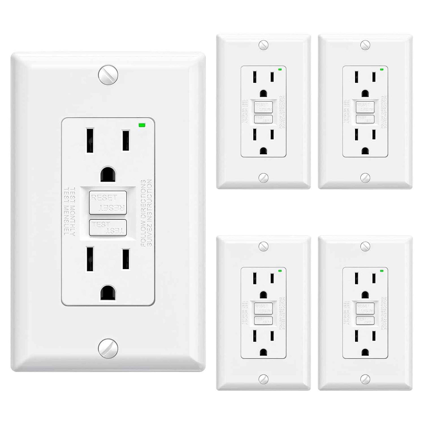 GFCI Outlet 15 Amp - Self-Test Electrical Receptacle with LED Indicator, 10 Pack