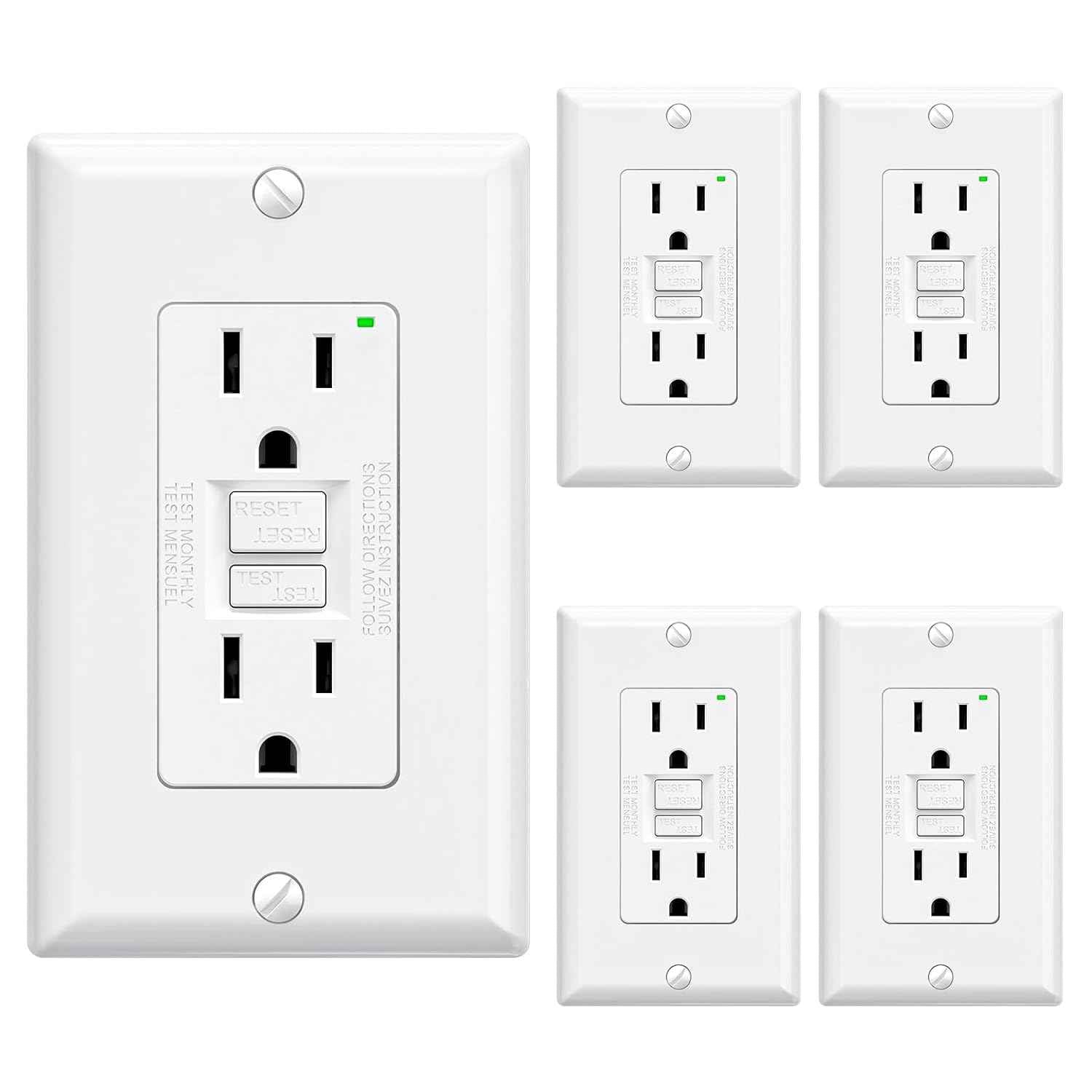 GFCI Outlet 15 Amp - Self-Test Electrical Receptacle with LED Indicator, 10 Pack