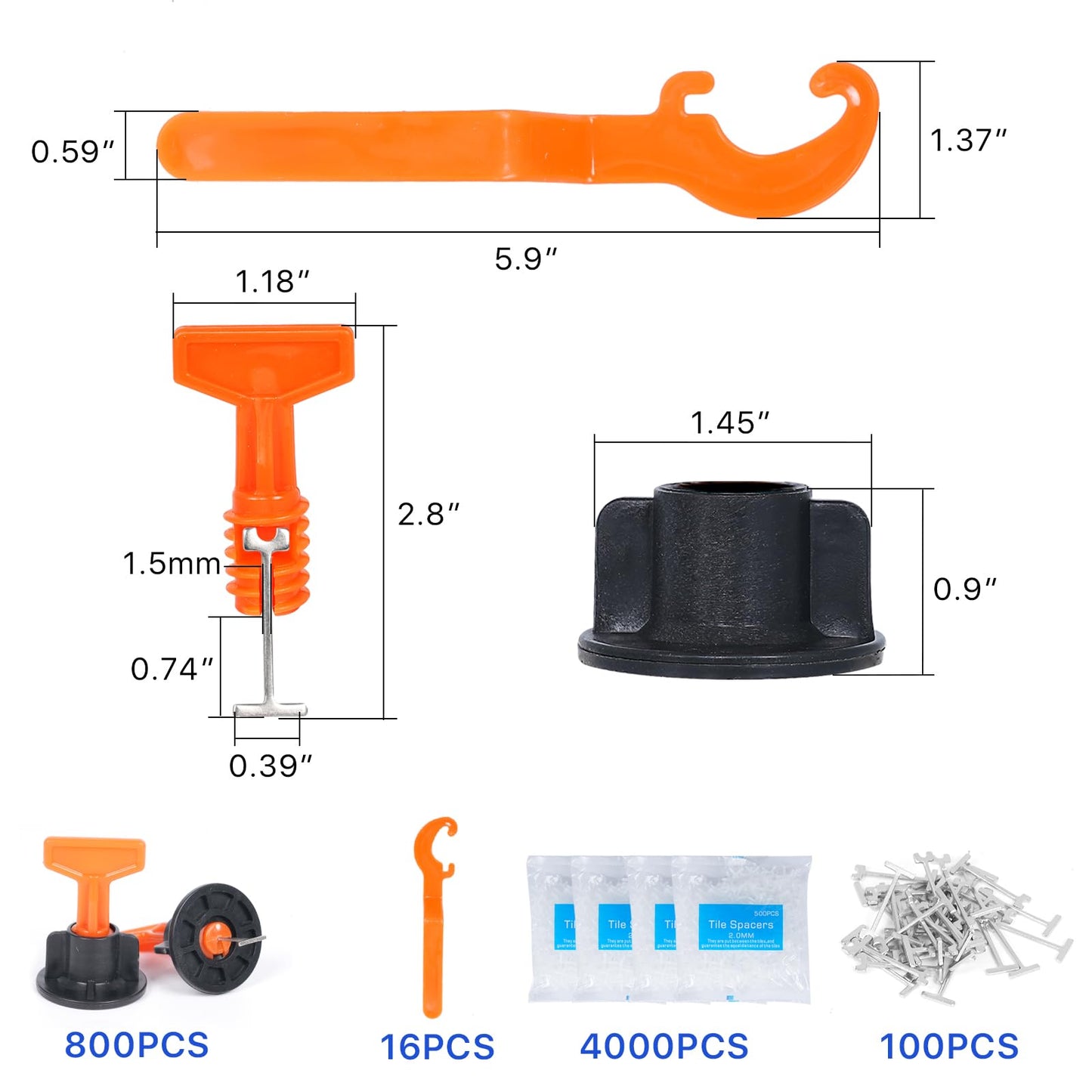 800pcs Tile Leveler Spacers and 4000PCS 3mm Tile Spacer, Reusable Tile Leveling System 1/16 Kit with 16pcs Special Wrench and 100pcs Steel Pins for Wall/Floor Tile Installation (800, 1/8)