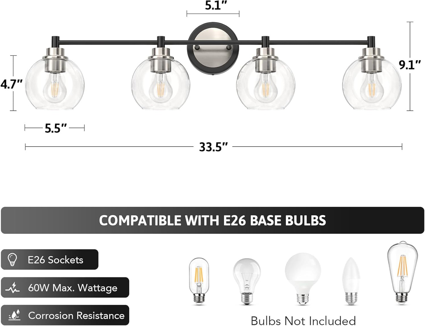 3-Light Vanity Bathroom Light Fixture with Globe Glass Shades - Brushed Nickel, ETL Certified