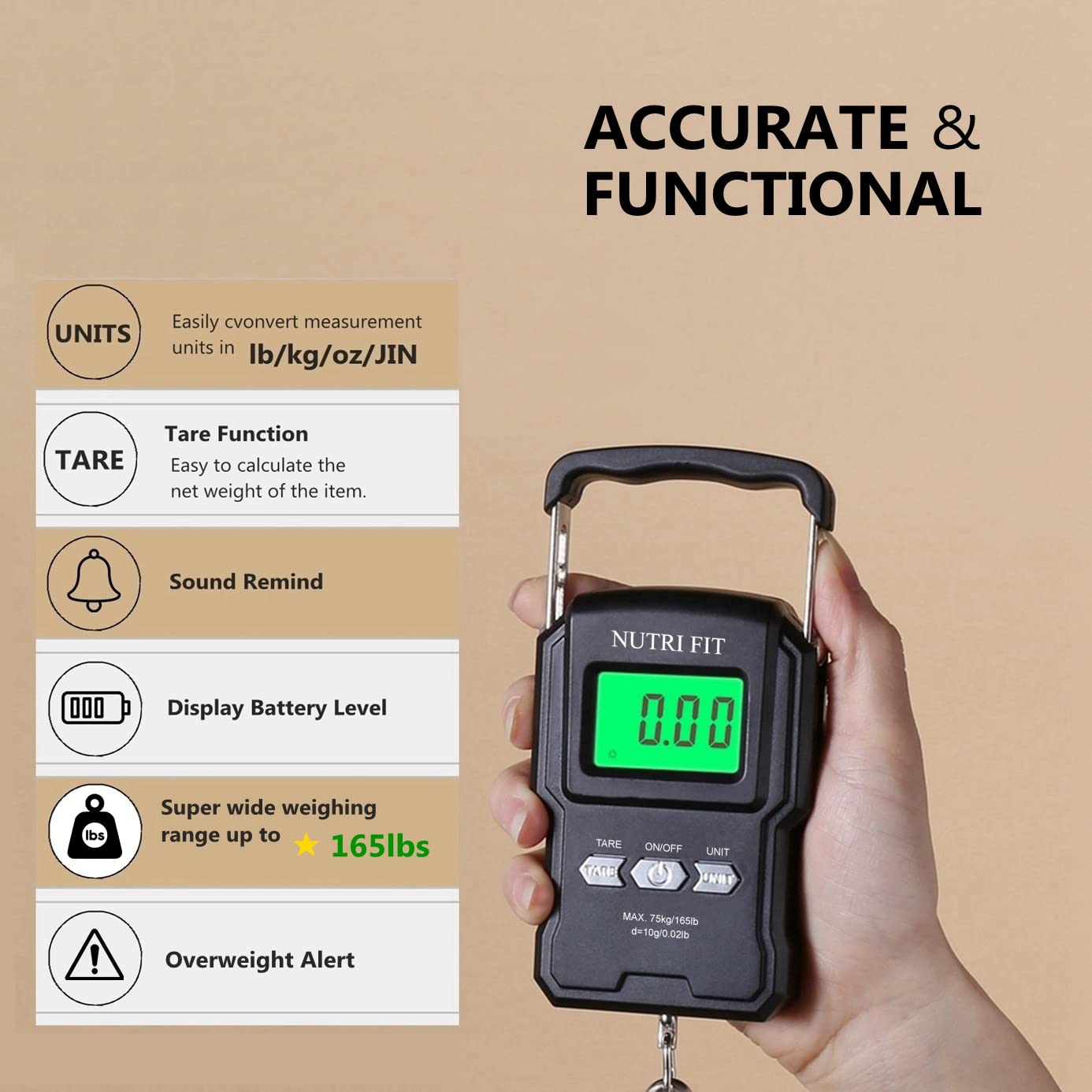 Nutri Fit Digital Luggage Weight Scale - Handheld Suitcase Weigher with Hook & Measuring Tape, 165lb/75kg