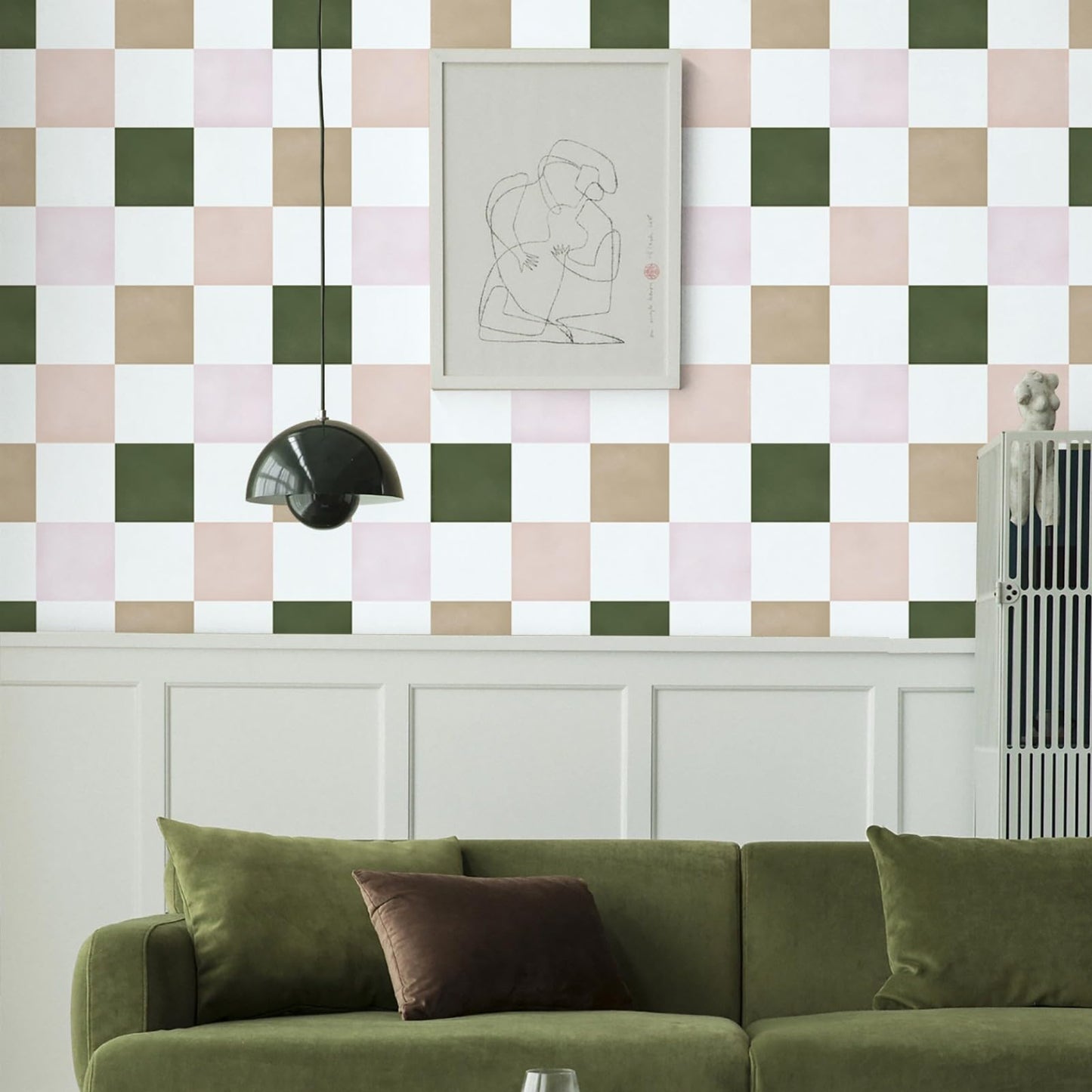 Ismoon Wall Paper Peel and Stick Modern Plaid Wallpaper 17.3" x 78.7" Green and White Mosaic Checkered Wallpaper Geometric Contact Paper for Bathroom Cabinets and Drawers Decor