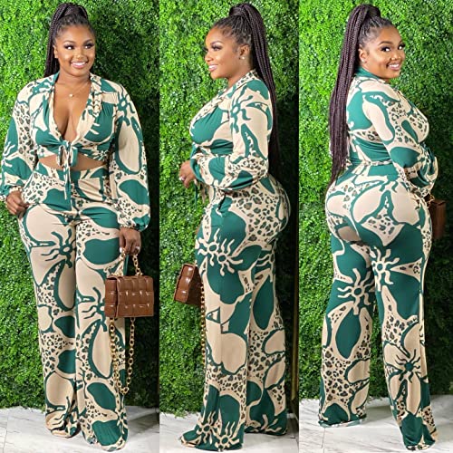 BFFBABY 2 Piece Women's Crop Top & Wide Leg Pants Outfit Set Beige Green XX-Large