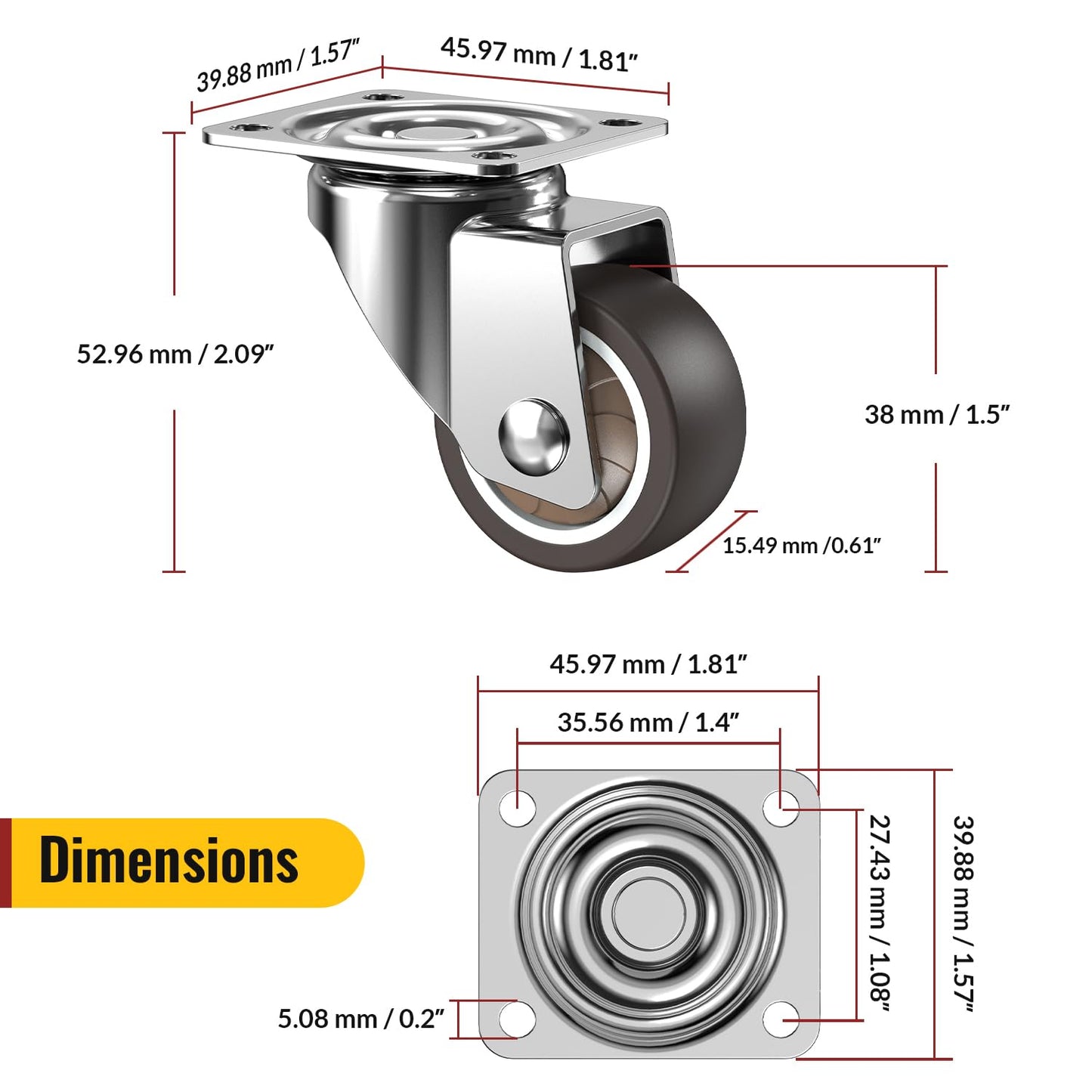 HOLKIE Caster Wheels 1.5 inch, Heavy Duty Furniture Casters Set of 4, Rubber Castors No Noise, Ball Bearing Swive Castor Wheels for Furniture Holding 200 LBS,Made for Desk,Night Stand,Shoe Rack