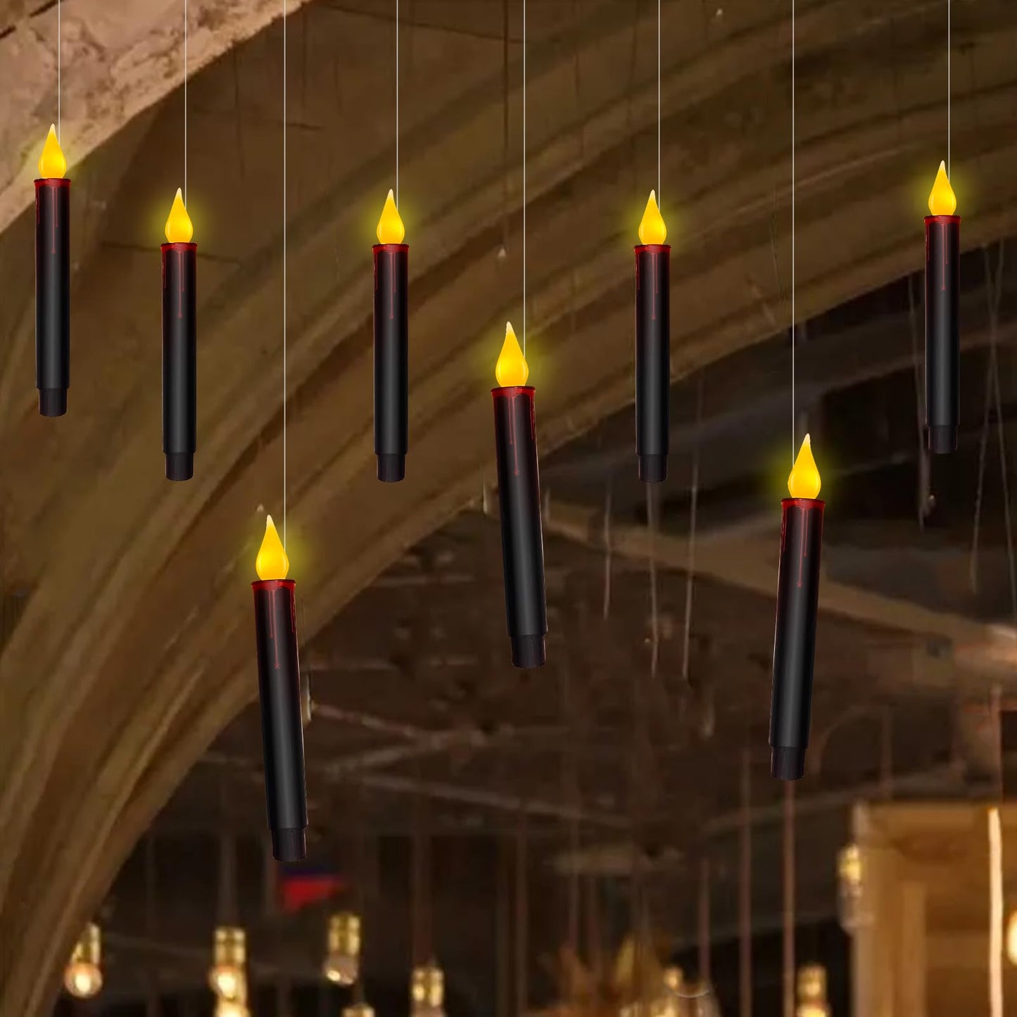 Halloween Decorations Candles Lights, 10 Pcs Christmas Black Floating Candles with Remote, Hanging Flickering Warm Flameless Candles LED Battery Operated Candles for Indoor Halloween Christmas Party