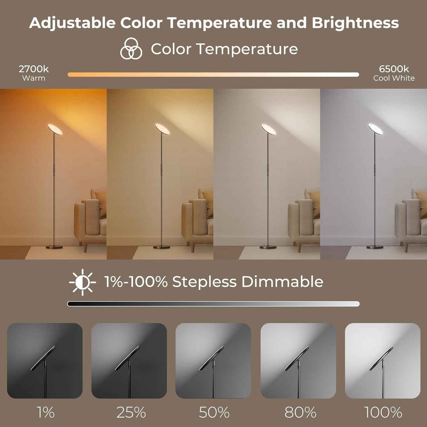 Smart RGBWW Floor Lamp with Voice Control & App, 2800LM Color Changing Torchiere for Living Room, 69.3in Rotating LED Lamp