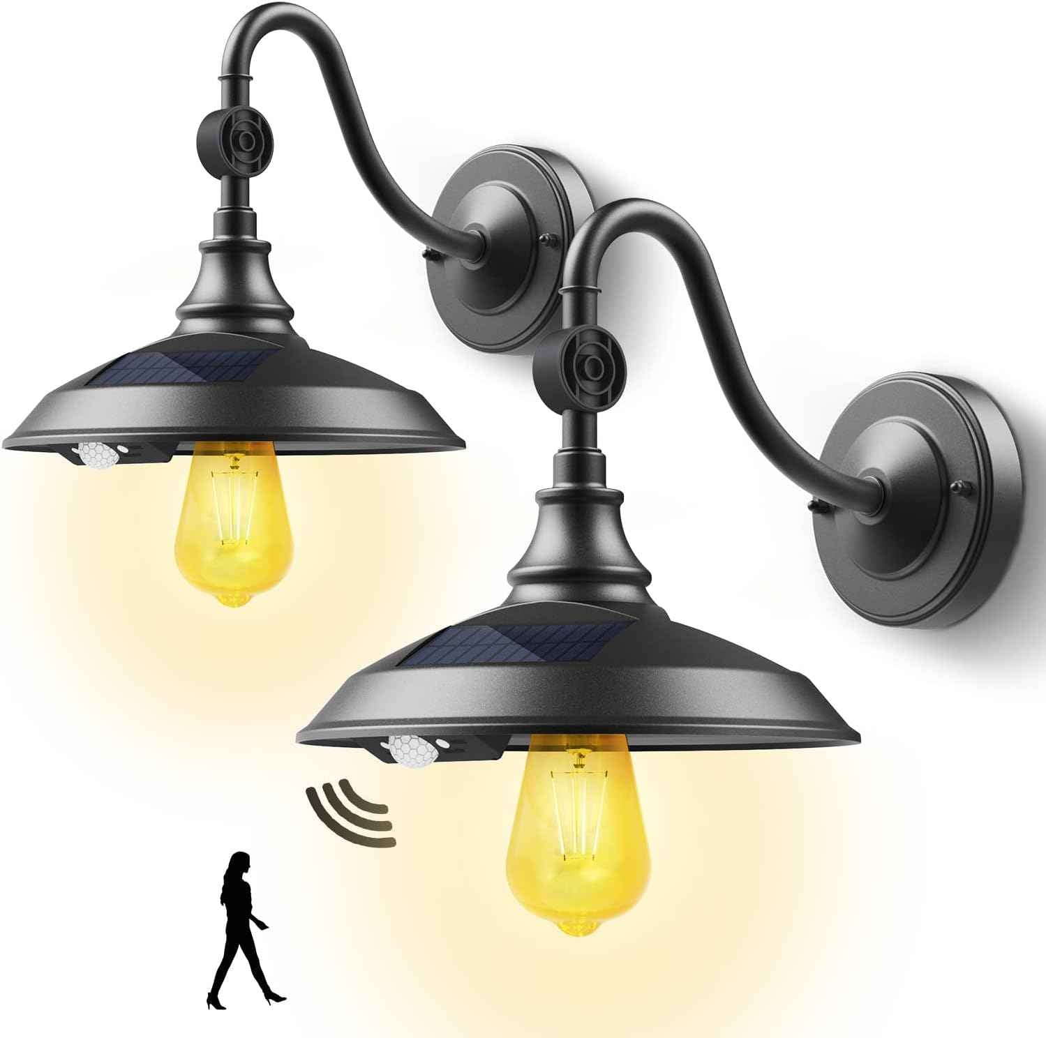 Solar Barn Light Outdoor - 3 Modes Vintage Gooseneck Waterproof Motion Sensor (2 Pack)