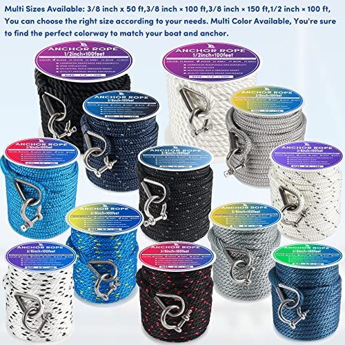VEITHI 50 ft Blue/Yellow 3/8 Inch Marine Anchor Rope Solid Braid MFP with Thimble & Shackle