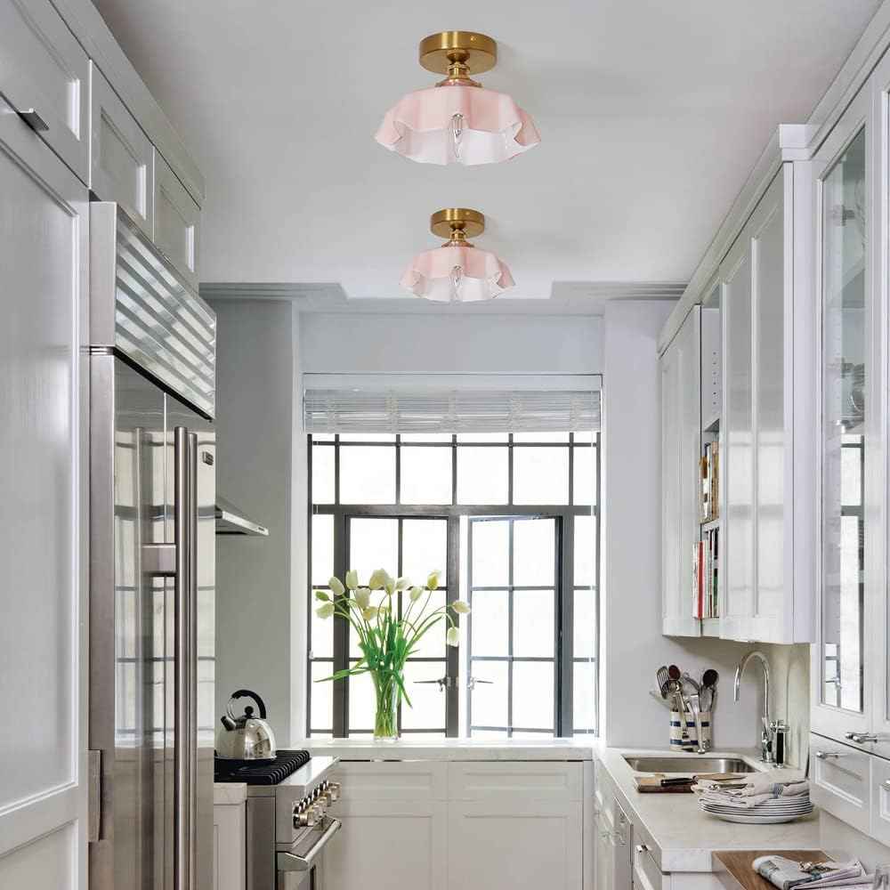 Vintage Pink Flush Mount Ceiling Light - Brass Semi-Flush Fixture with Flower Glass Shade for Small Rooms & Hallways