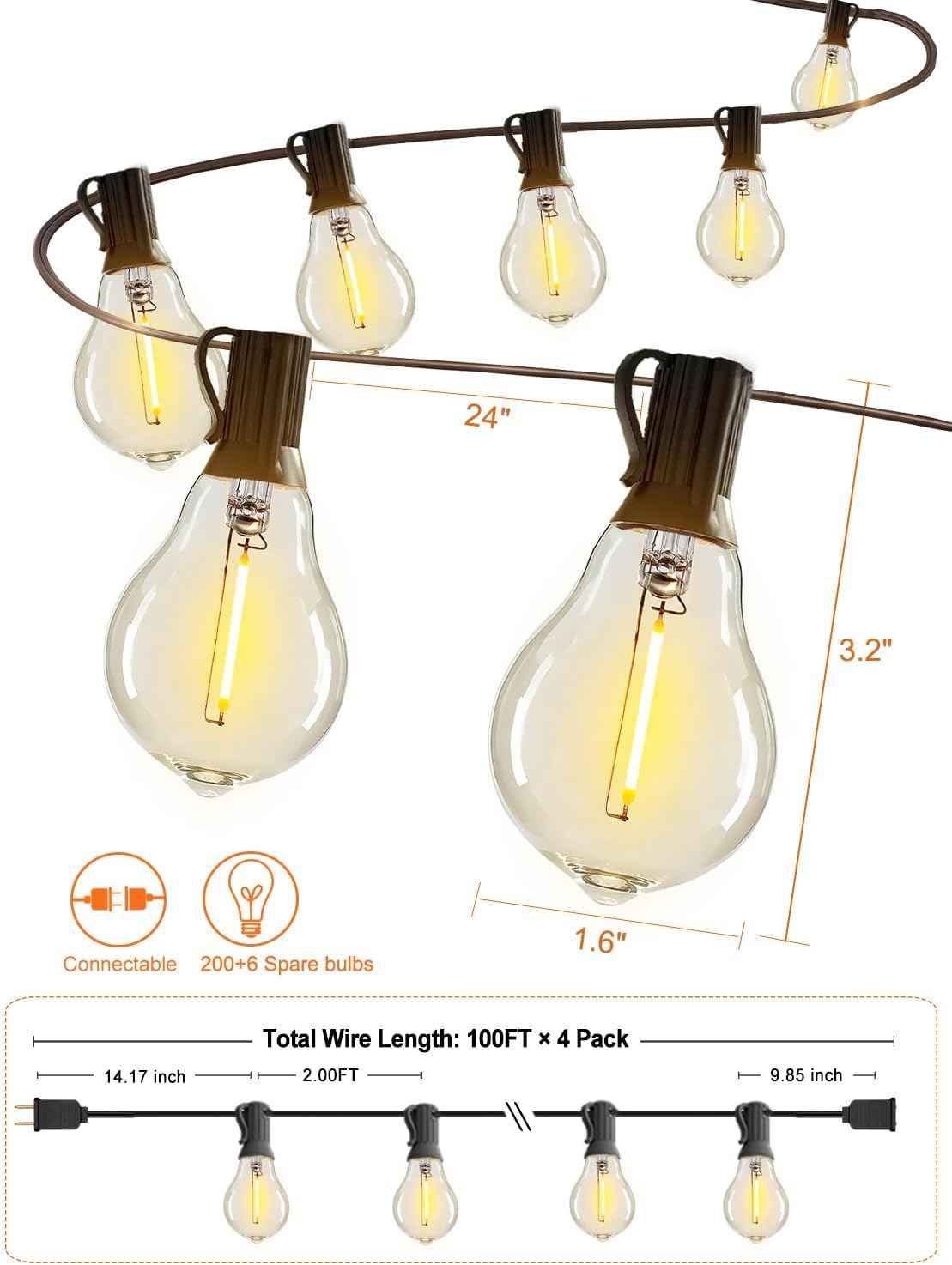 200FT Waterproof LED Outdoor String Lights with 100 Shatterproof Edison Bulbs - Dimmable Patio Decor for Backyard & Garden