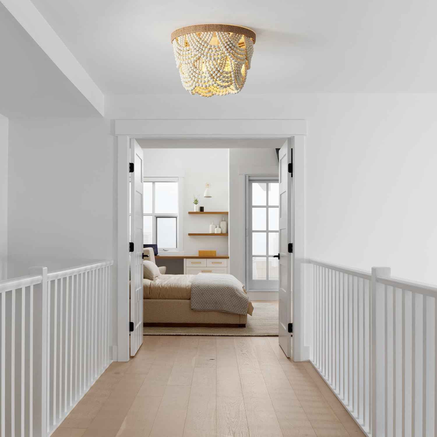 2-Tier White Boho Mini Chandelier - Wood Beaded Flush Mount Ceiling Light for Bedroom, Hallway, Nursery & More