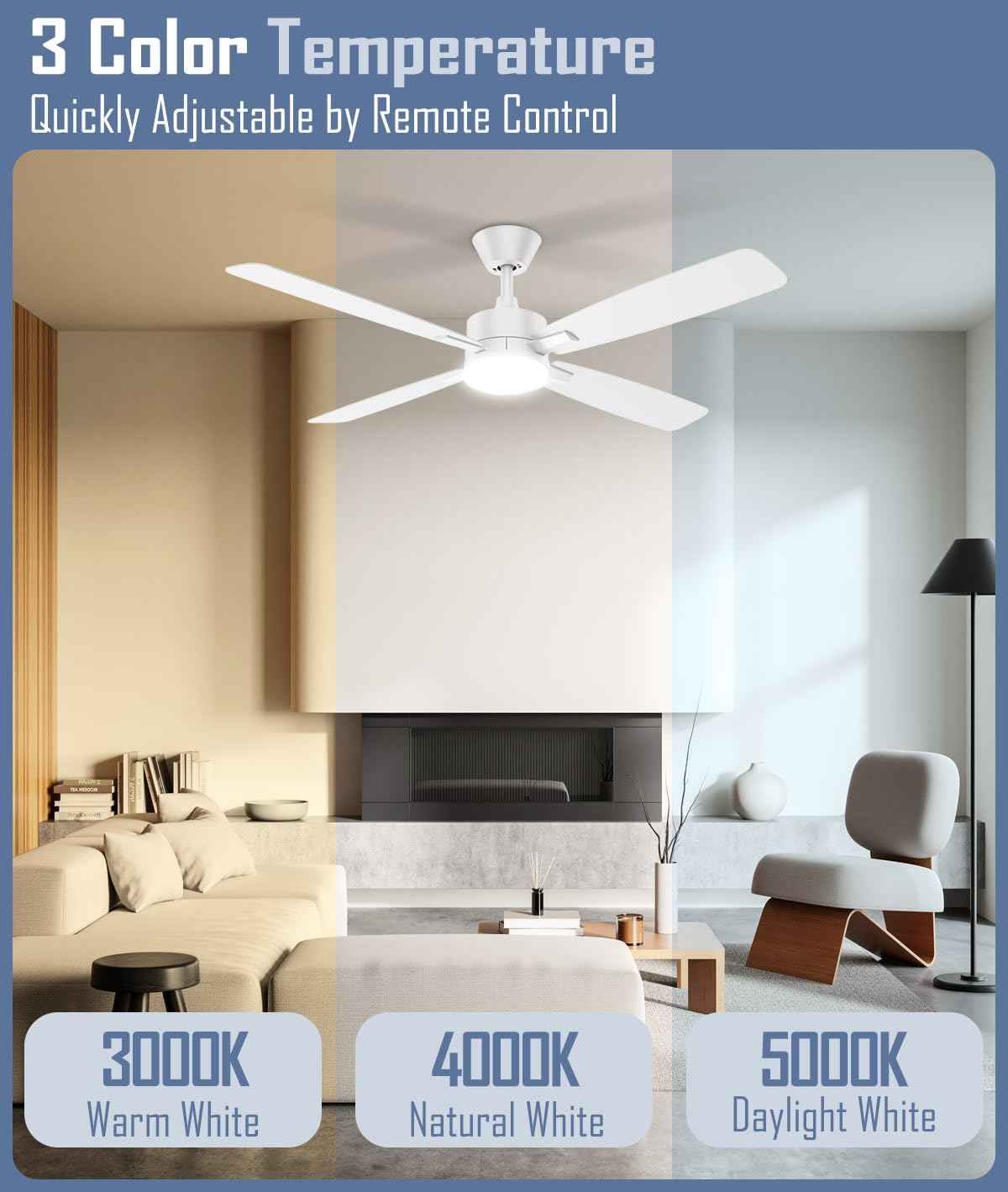 52-Inch Ceiling Fan with Remote Control & Dimmable Light - Noiseless DC Motor for Indoor/Outdoor Use