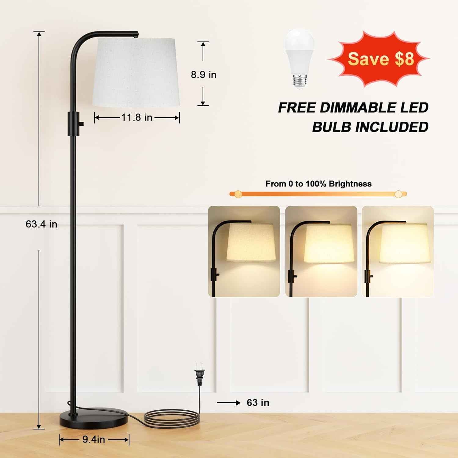 Modern Dimmable Floor Lamp with 9W LED Bulbs - Stylish Standing Light for Living Room & Bedroom (Gold & White)