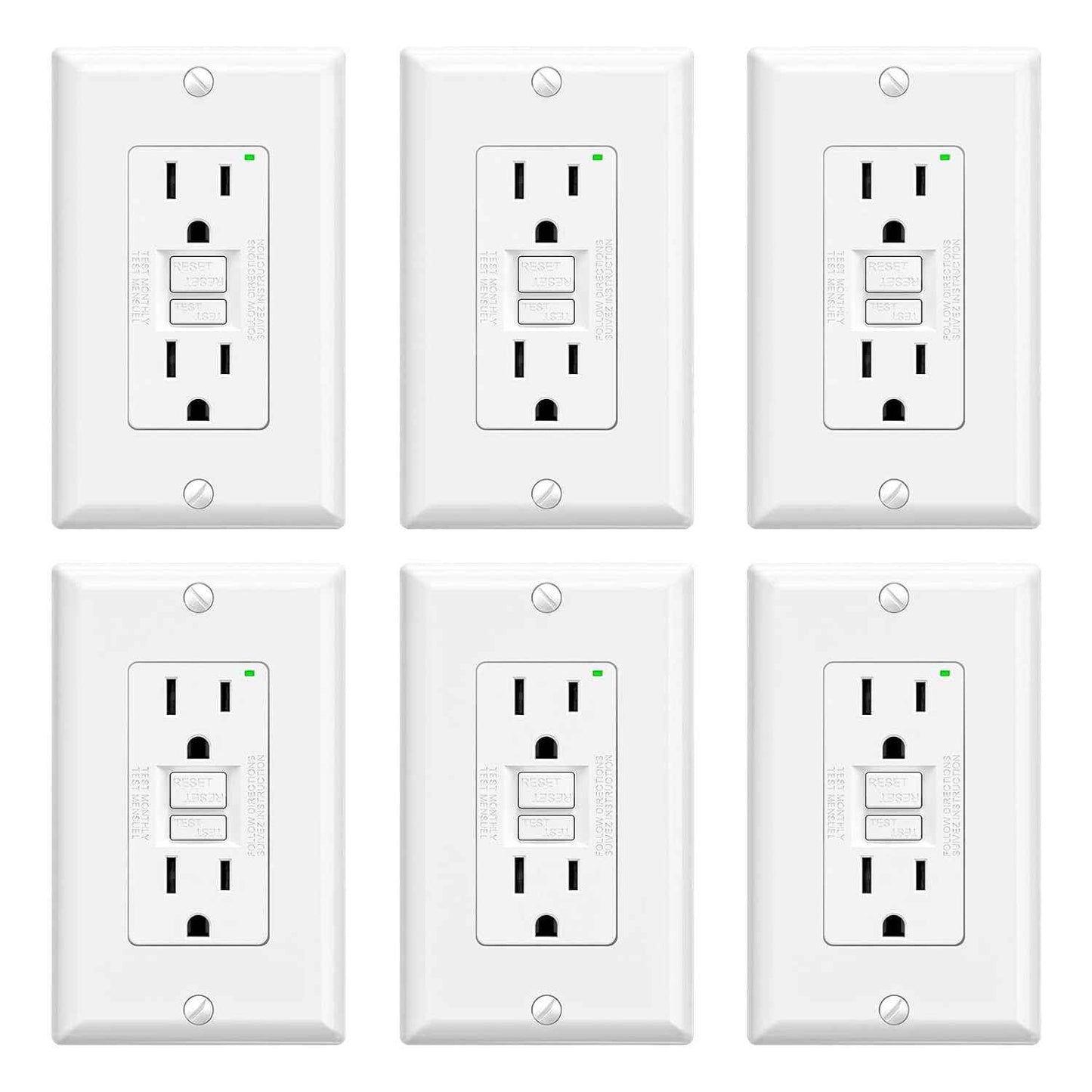 GFCI Outlet 15 Amp - Self-Test Electrical Receptacle with LED Indicator, 10 Pack