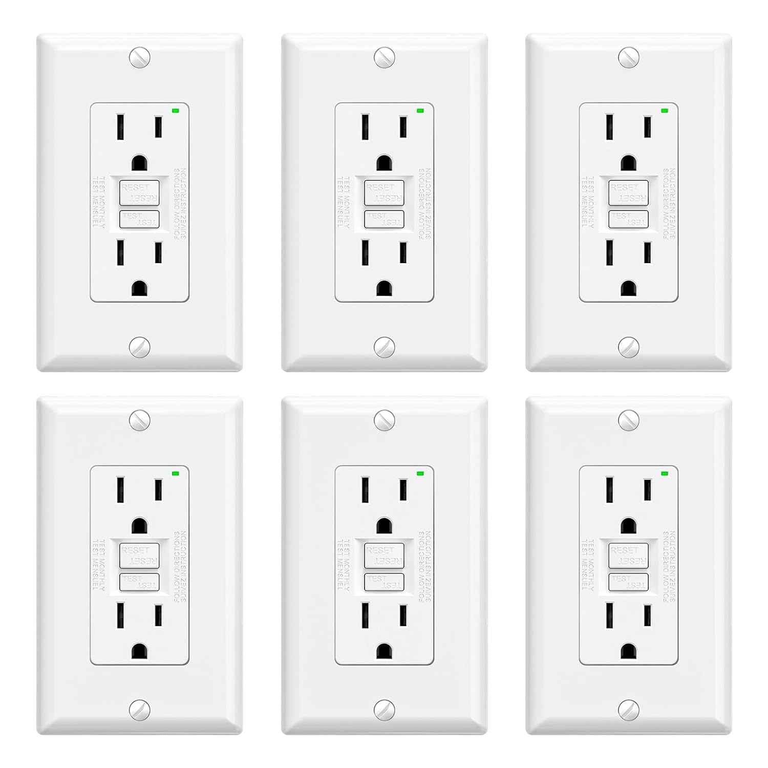 GFCI Outlet 15 Amp - Self-Test Electrical Receptacle with LED Indicator, 10 Pack