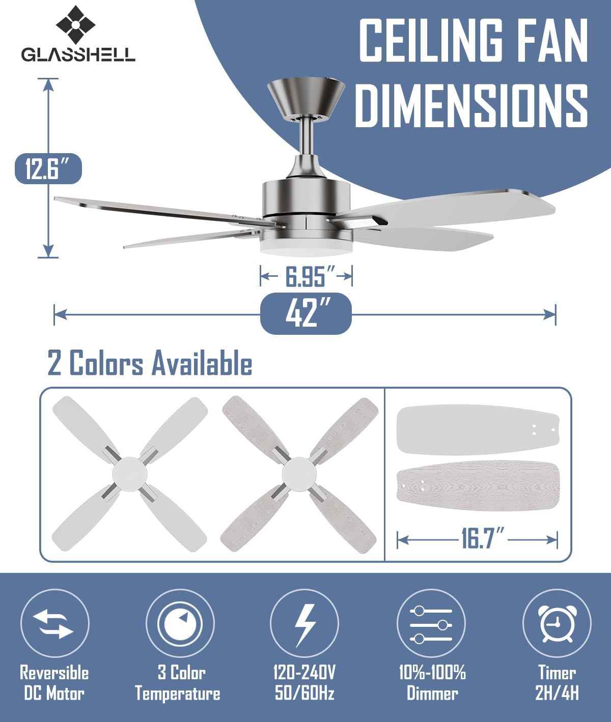 52-Inch Ceiling Fan with Remote Control & Dimmable Light - Noiseless DC Motor for Indoor/Outdoor Use