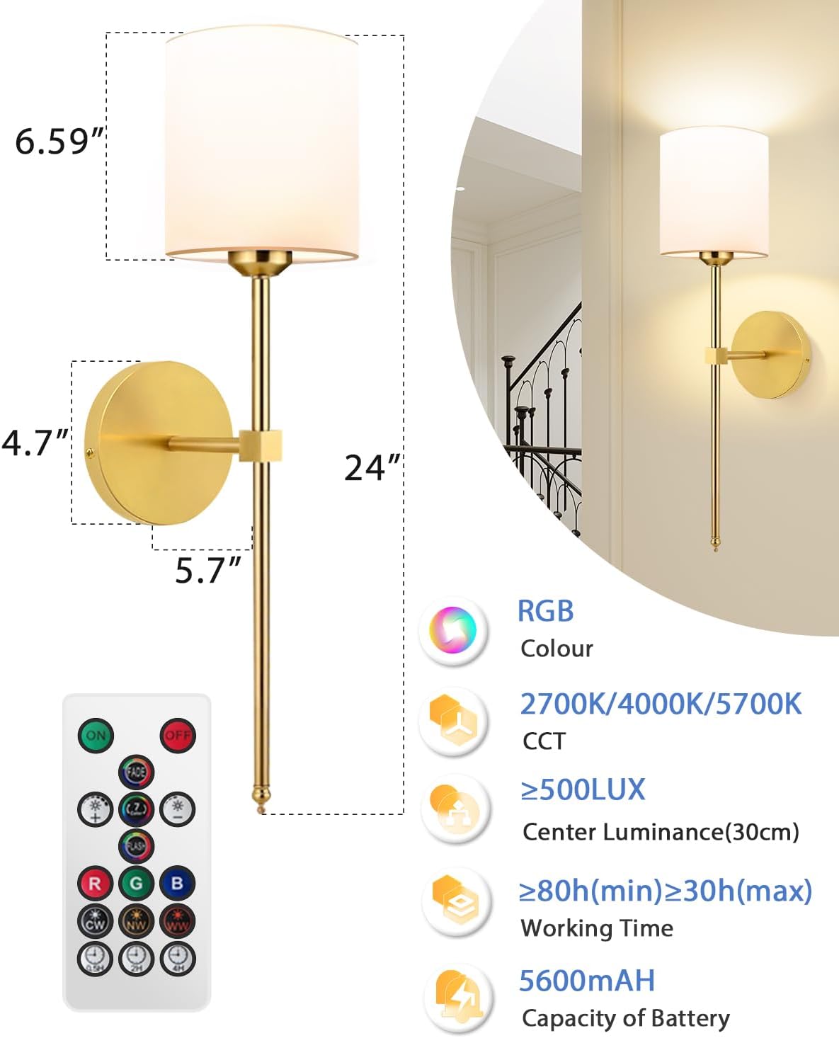Rechargeable Black Wall Sconce Set of 2 - 5CCT Wireless Dimmable Lights with Remote for Bedroom & Living Room