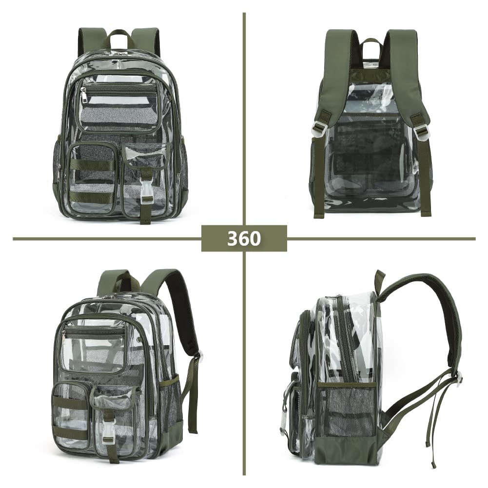Lroiutian Clear Backpack for School Girls Boys Heavy Duty Transparent Backpack with Multiple Pockets, Lightweight PVC See Through Bookbag for Students-Army Green