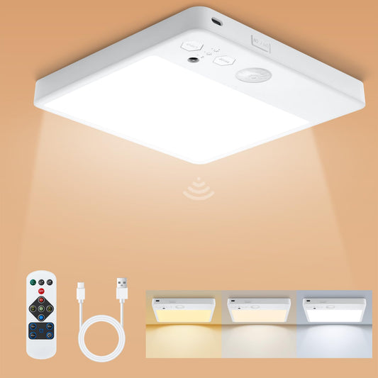 Karjoefar Motion Sensor Closet Light, 8W 7000mAh Rechargeable Ceiling Light with Remote,3 Color Temperatures and Dimmable, Magnetic Mount LED Shower Light for Bathroom|Stairs| Hallway|Garage