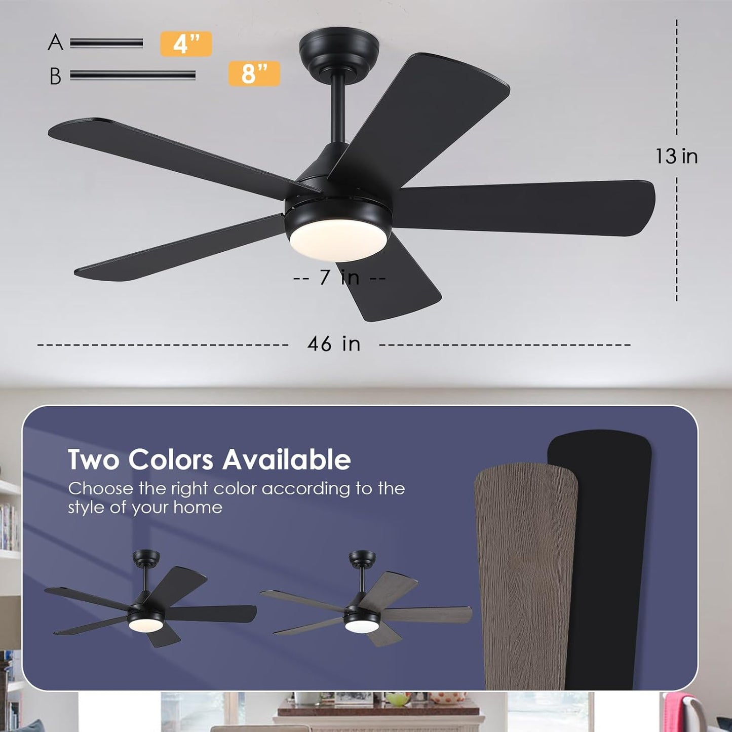 46” Black Low Profile Ceiling Fan with Lights & Remote Control - Dimmable, Noiseless, Reversible for Bedroom