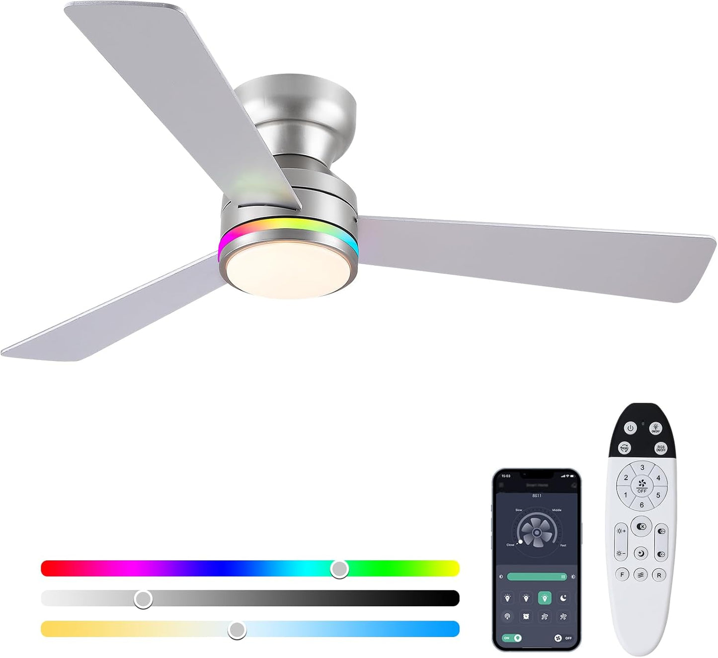 46” Black Low Profile Ceiling Fan with Lights & Remote Control - Dimmable, Noiseless, Reversible for Bedroom
