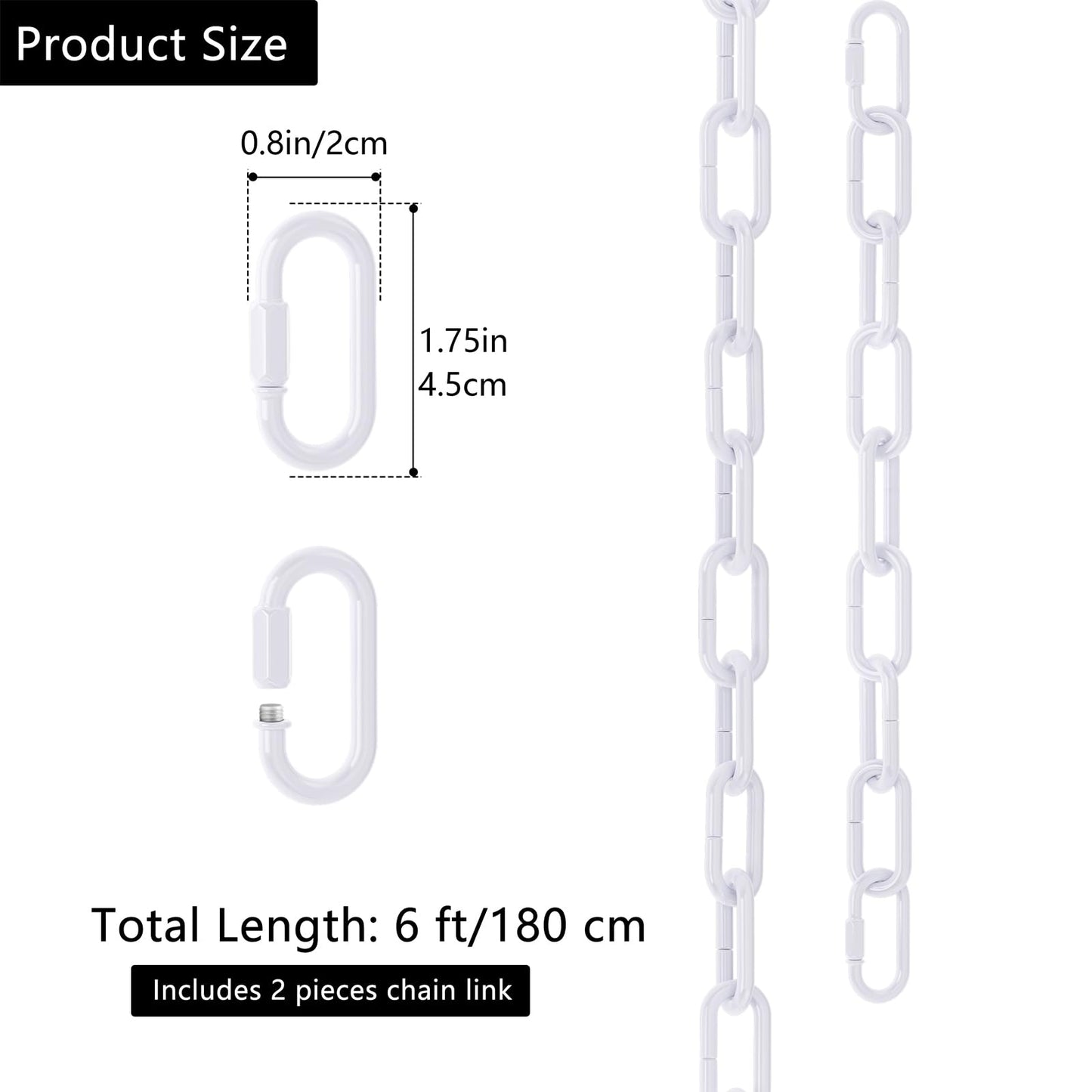 6 Feet Industrial White Light Fixture Chain, Adjustable Metal Pendant Chandelier Chain Extension with Detachable Link, Maximum Load is 66 Pounds