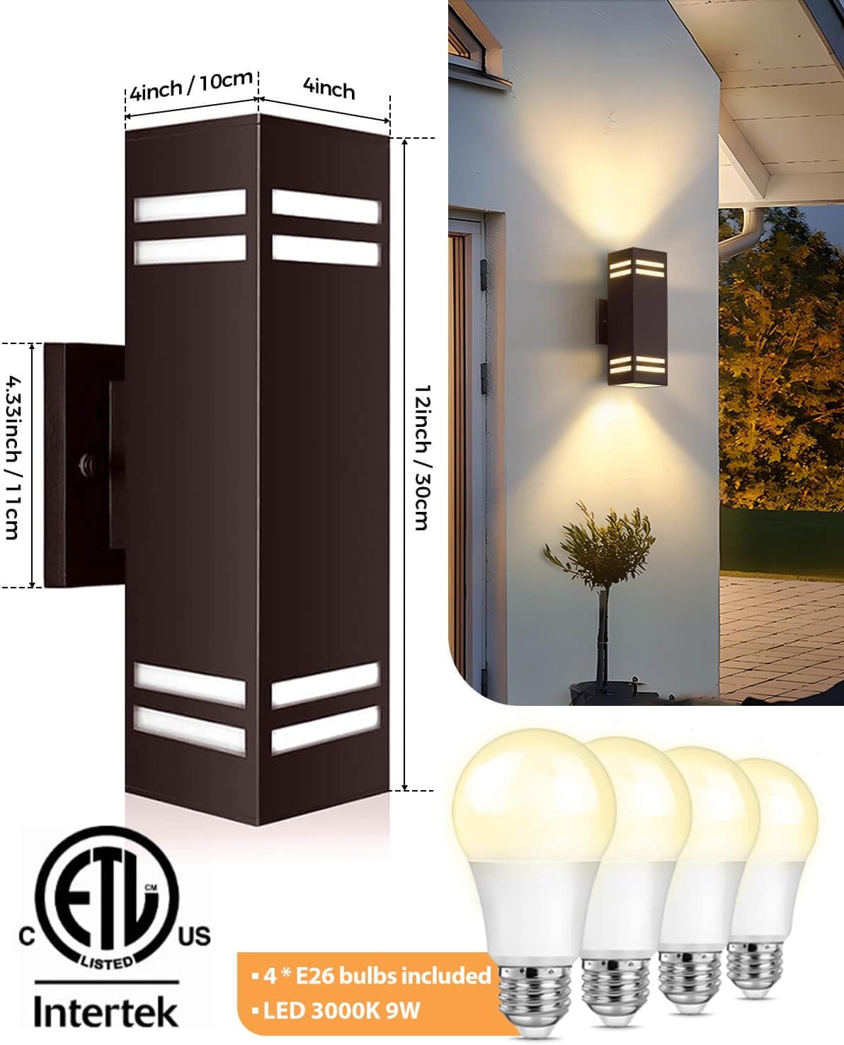 Modern Outdoor Wall Lights - Dusk to Dawn Square Matte Black Sconce with Bulbs, Aluminum Anti-Rust Up & Down Lighting for Porch & Garage
