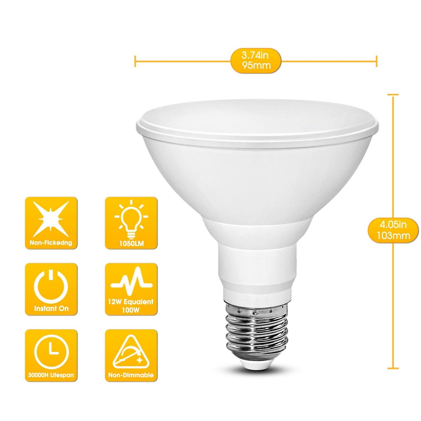 Amber Yellow LED Bug Light Bulb Outdoor 100Watt Equivalent, 12W LED PAR30 Flood Light Bulbs Outside, E26 Base for Porch Lights, Patio, Home Lighting, Courtyard, Christmas, Halloween Decor, 2 Pack