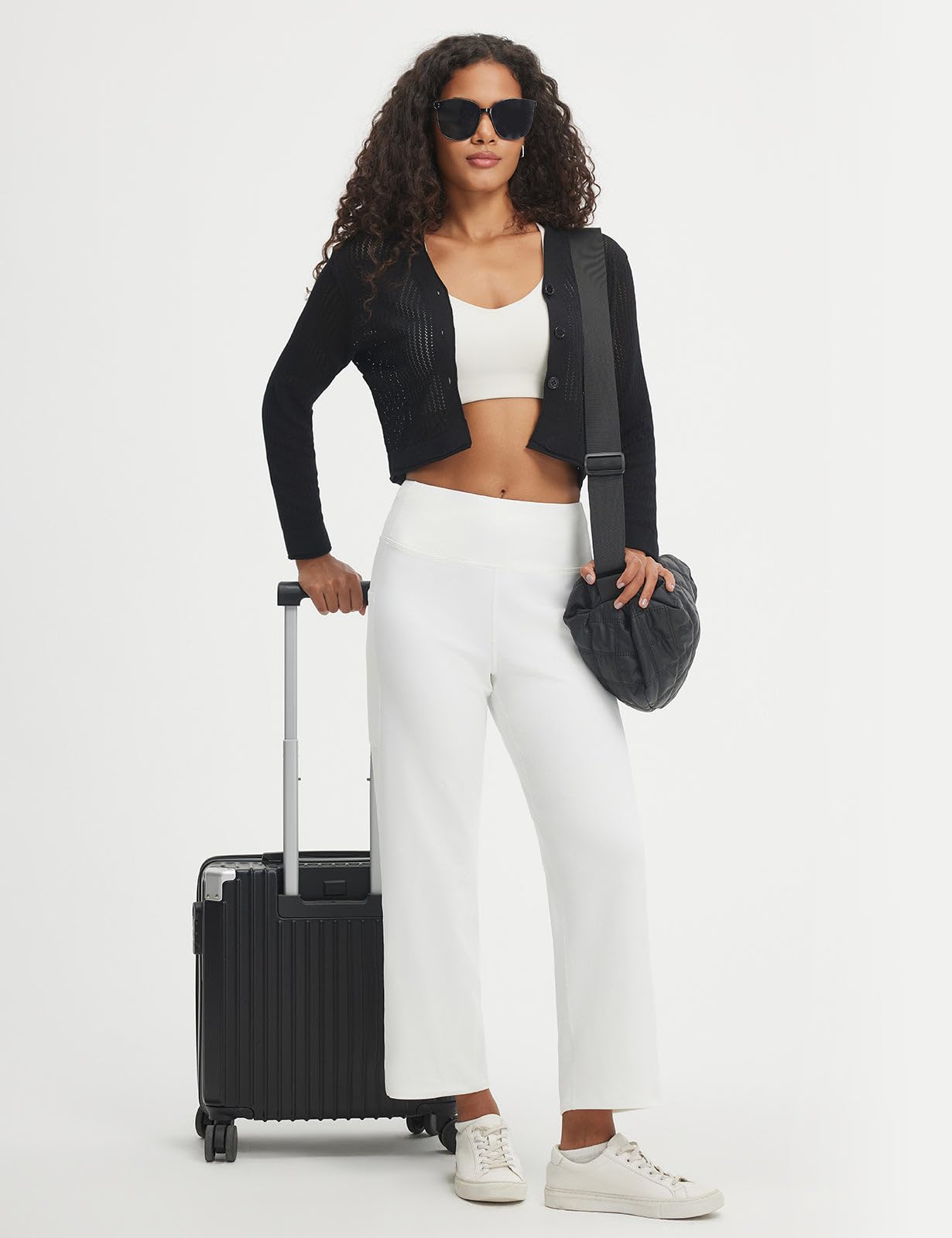 baleaf Womens 25" Yoga Pants with Pockets Wide Leg Petite Dress Pant High Waist Ankle Stretchy Casual Travel Star White L