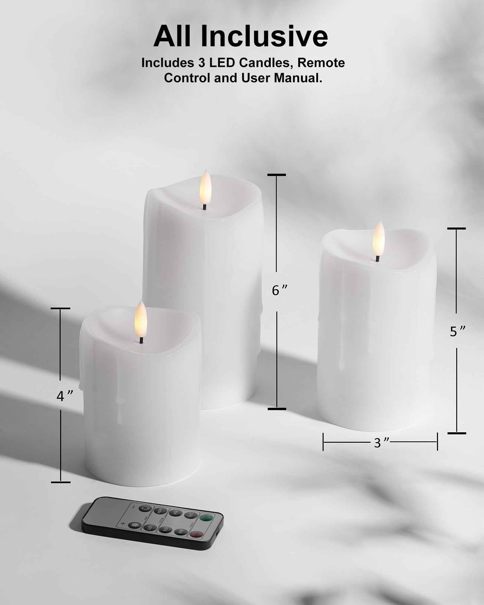 Velsyn White Flameless Candles with Remote and Timer, Real Wax Made Wax Drip LED Pillar Candles Battery Operated with 3D Flickering Flame Melted Top - 3" x 4", 3" x 5", 3" x 6" - Set of 3