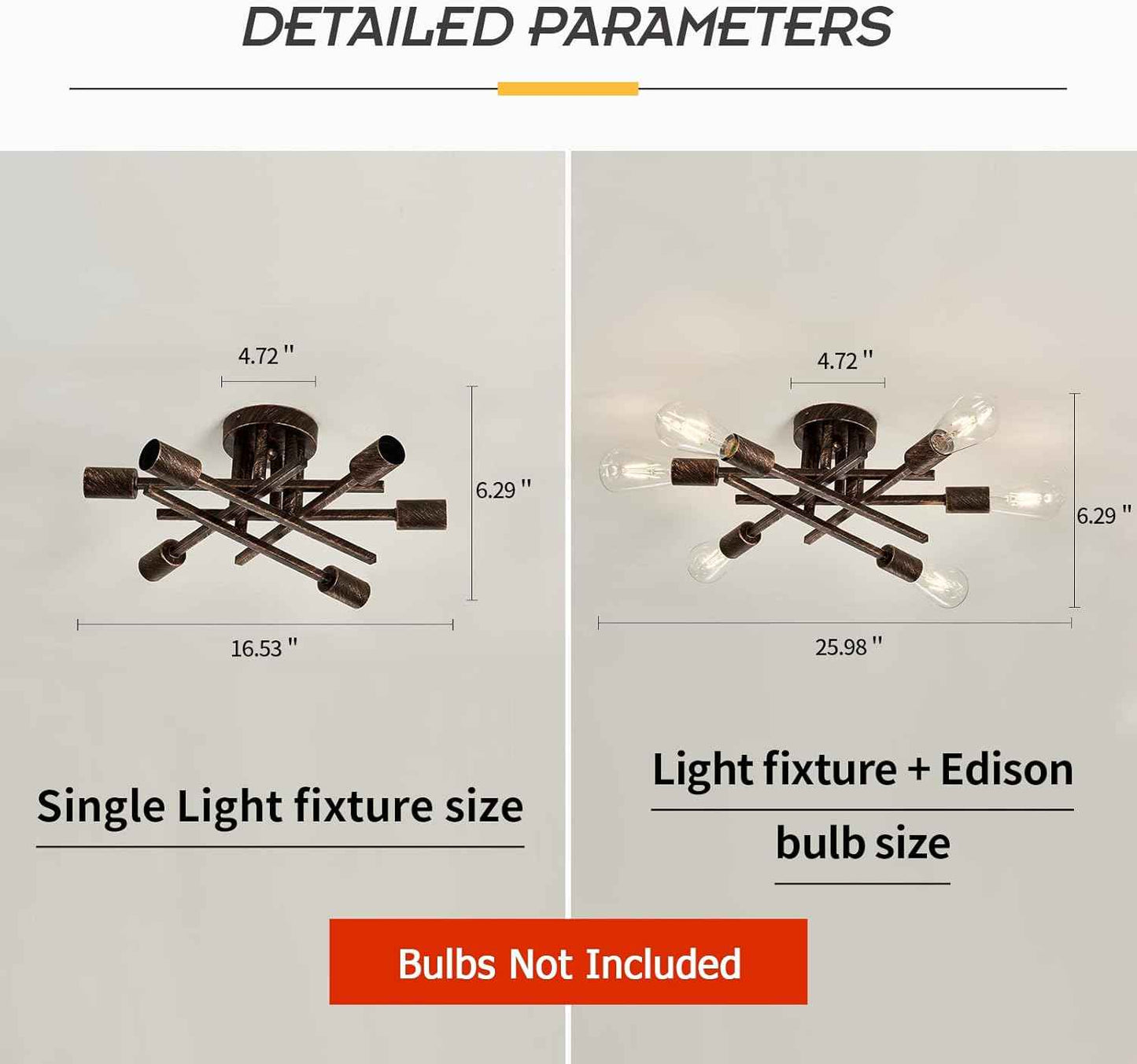 Gold Modern 6-Light Semi Flush Mount Ceiling Light Fixture - Vintage Sputnik Chandelier for Kitchen, Dining & Living Room
