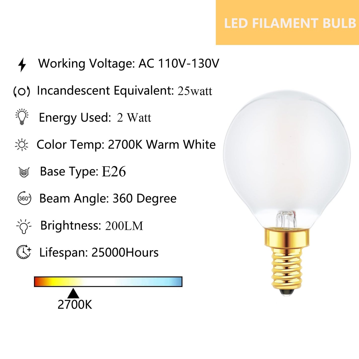 Sunaiony E12 Globe LED Bulbs 2W G16.5 Light Bulbs 25 Watt Equivalent, E12 Round Candelabra Bulbs Dimmable 2700K Warm White Frosted Glass, 6 Pack