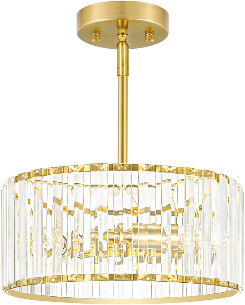 Modern Gold Crystal Ceiling Light Fixture - 11-Inch Semi Flush Mount Chandelier for Kitchen & Entryway