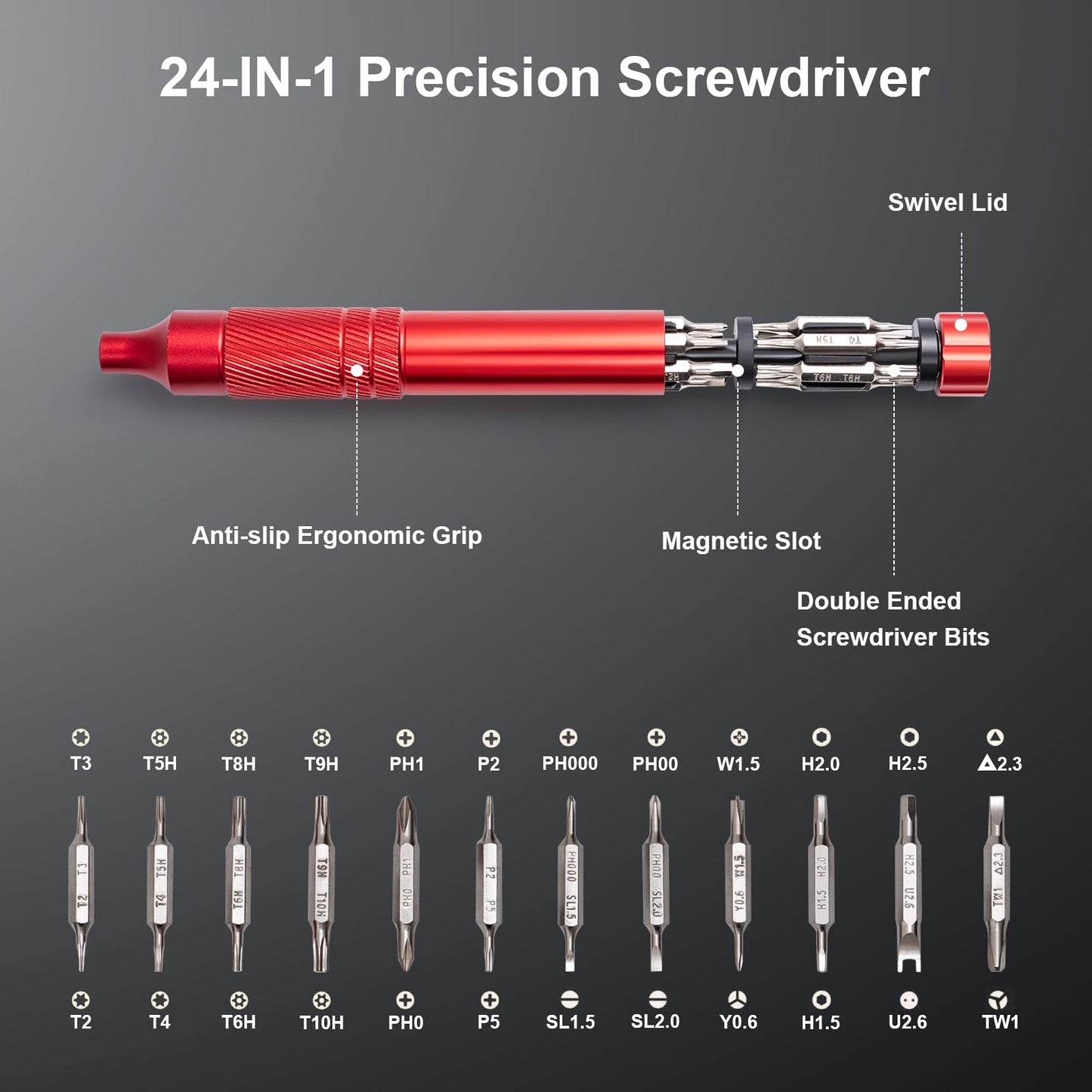 24-in-1 Precision Screwdriver Set, Magnetic Multi Bit Mini Screwdriver Set, Pen Style Repair Tool Kit for Eyeglass, Watch, Computer, Jewelry, Laptop, Phone and Electronic (Red)