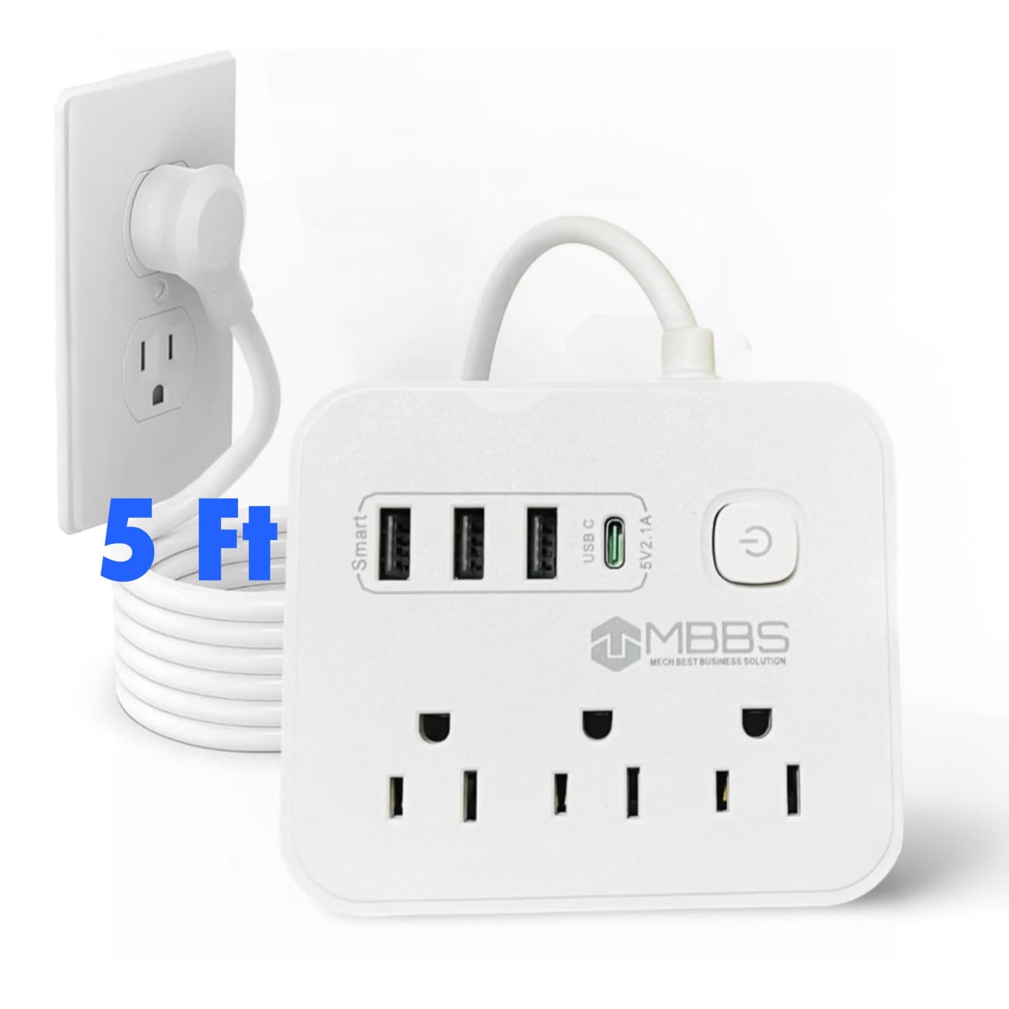 Surge Protector Power Strip with USB C, 1200J Protection, Heavy Duty Extension Cord – (7-in-1) 3 AC Outlets, 4 USB Ports, LED On/Off Switch – Compact & Travel Friendly – Home, Office. (5ft)