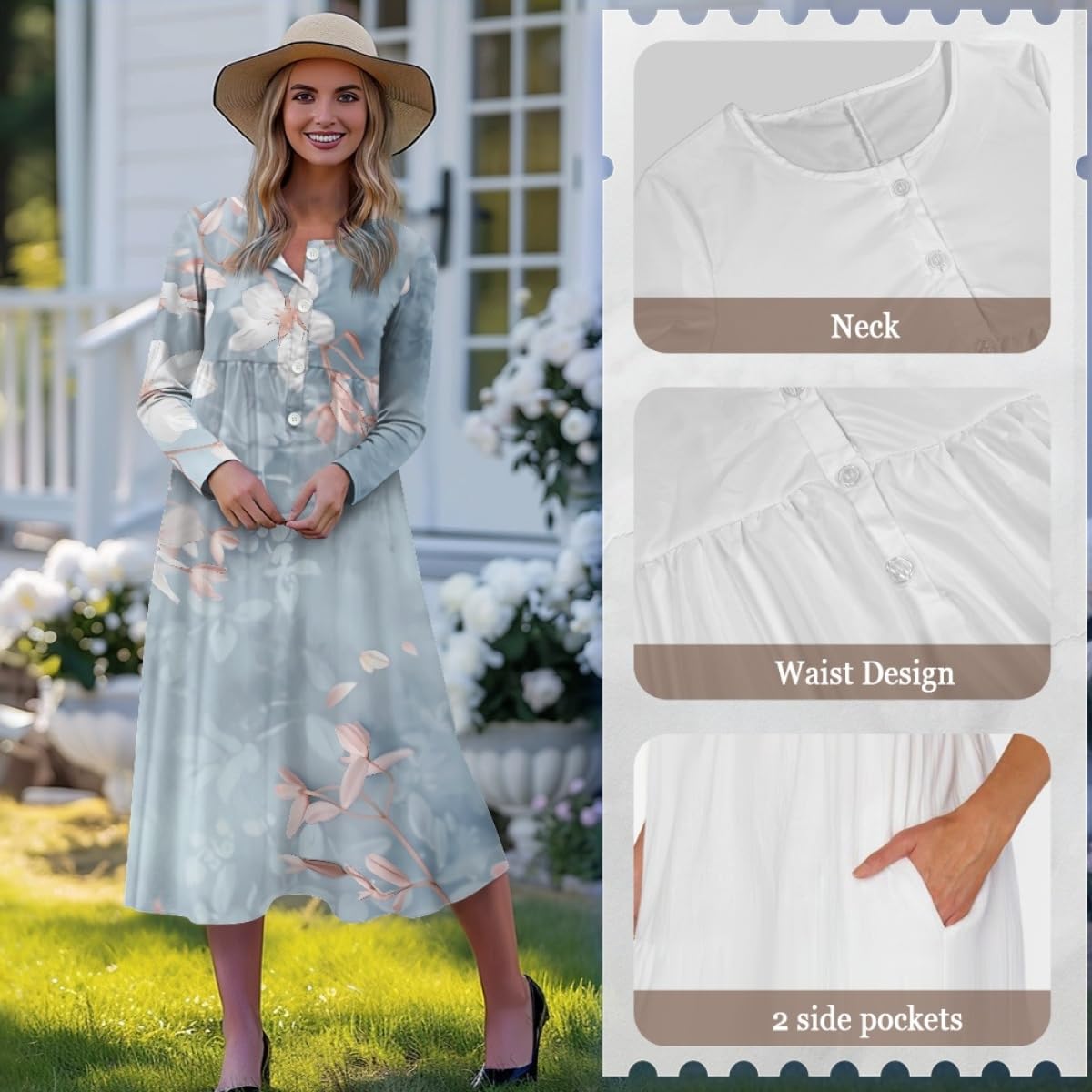 ZOCANIA Boho Dresses for Women 2024 Floral Maxi Dress V Neck Long Sleeve High Waist Plus Size Fall Dress Casual Tunic Dress Loose Wedding Guest Dresses for Women with Pockets,Blue White,3XL