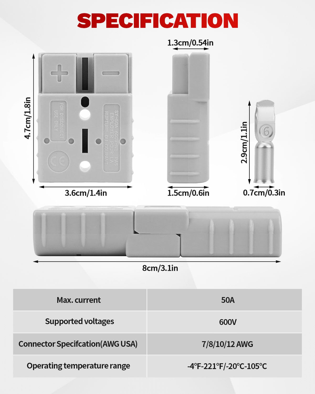 50A-600V Battery Quick Connect/Disconnect with 7/8/10/12 AWG, 6PCS Jumper Cable Plug Connector, Compatible with Anderson Connector for Rescue Winch, Motor Recovery, Winch Trailer, Traction System