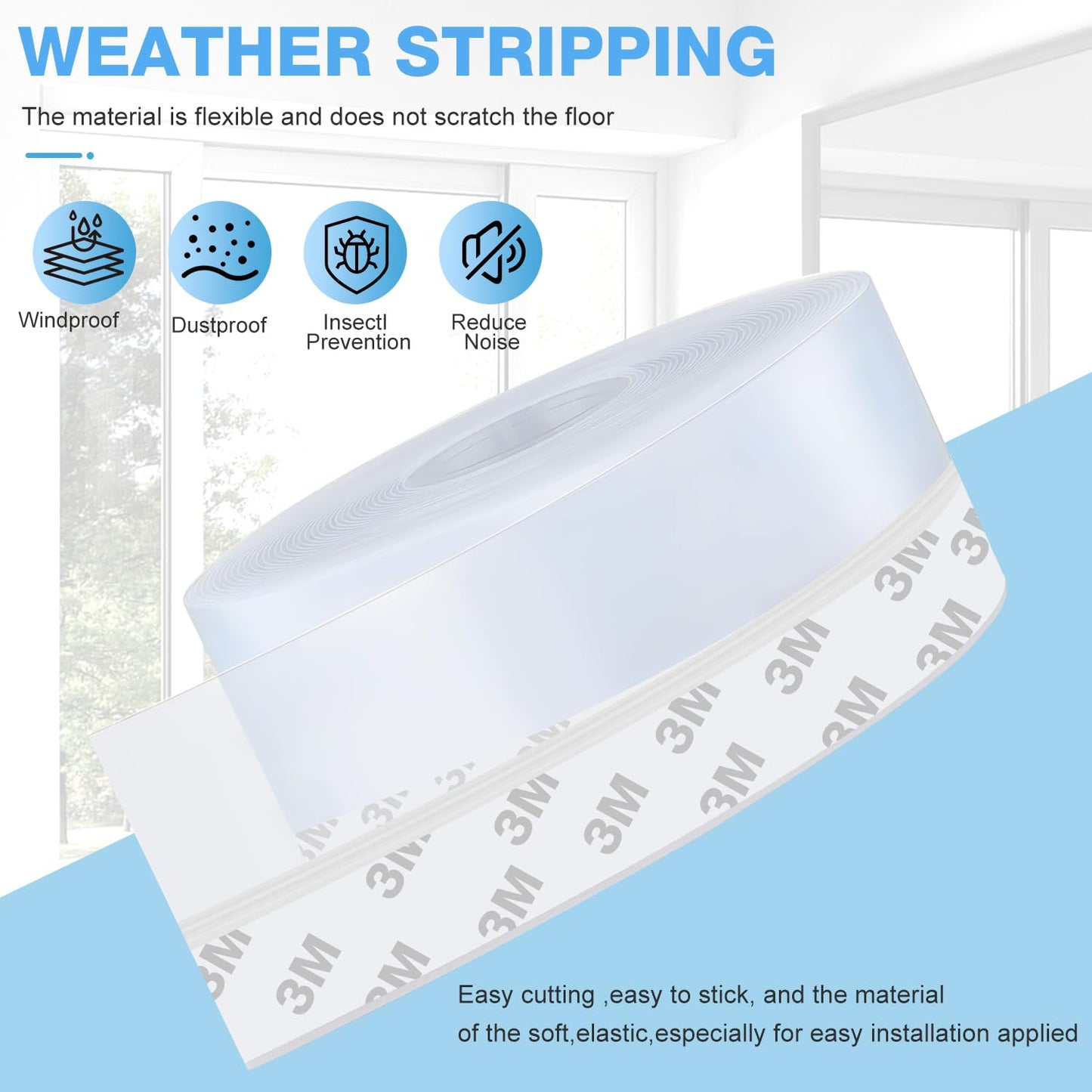 Window Sealing Strip,Self Adhesive Weather Stripping,5M/16ft Silicone Feet Silicone Seal Strip,Door Seal Strip for Gaps of House, Glass Shower, Window, Weatherproof Soundproof (45MM)